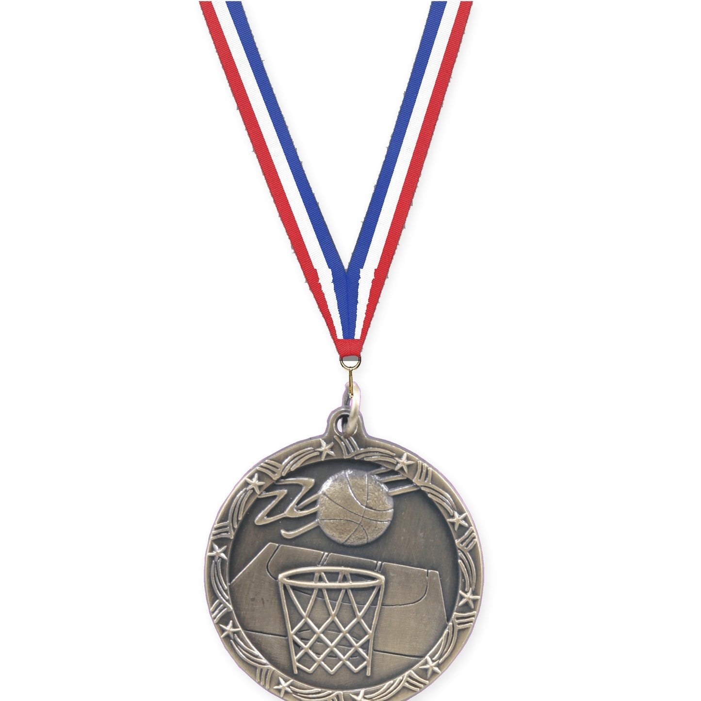 1 3/4 inch basketball Shooting Star medal in antique gold with Red White Blue neck ribbon