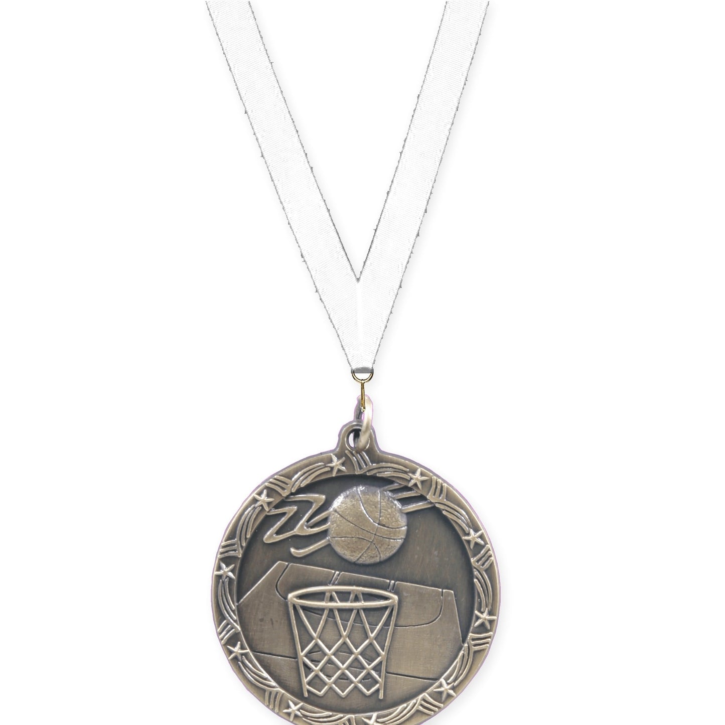 1 3/4 inch basketball Shooting Star medal in antique gold with White neck ribbon