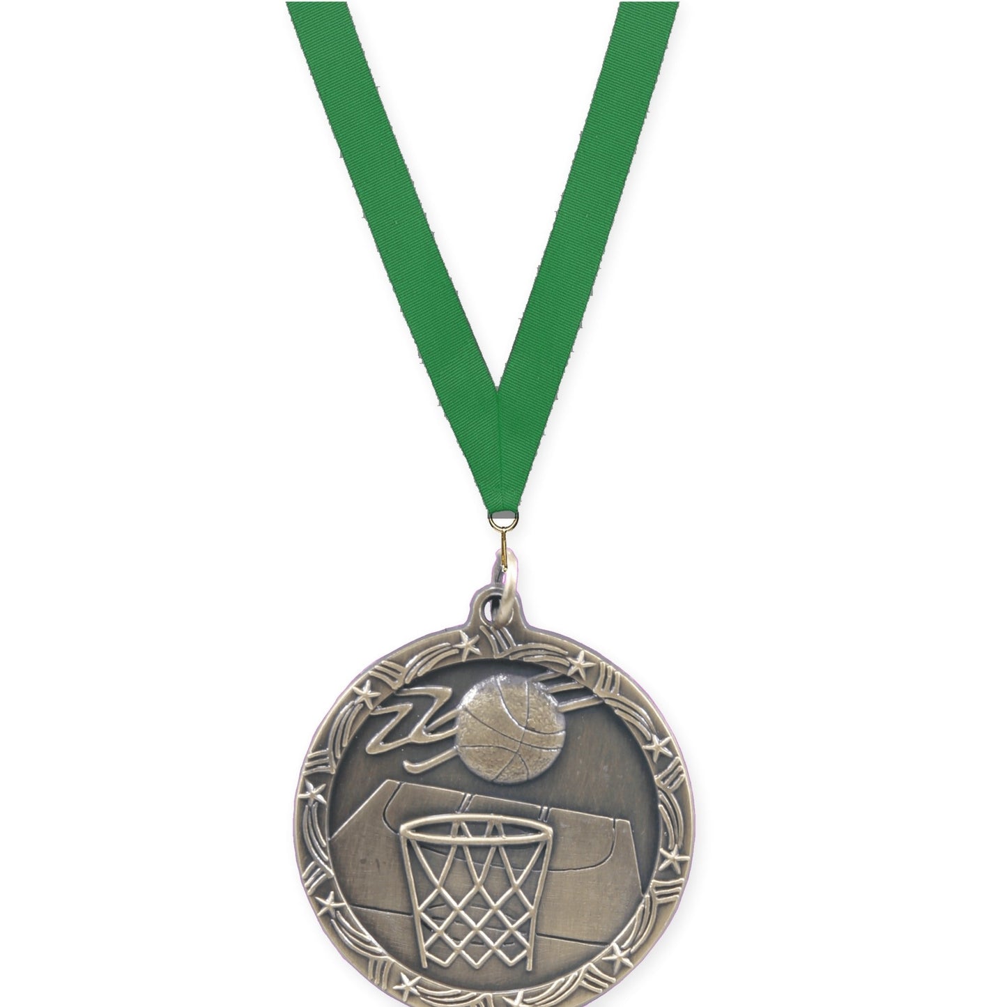 1 3/4 inch basketball Shooting Star medal in antique gold with Green neck ribbon