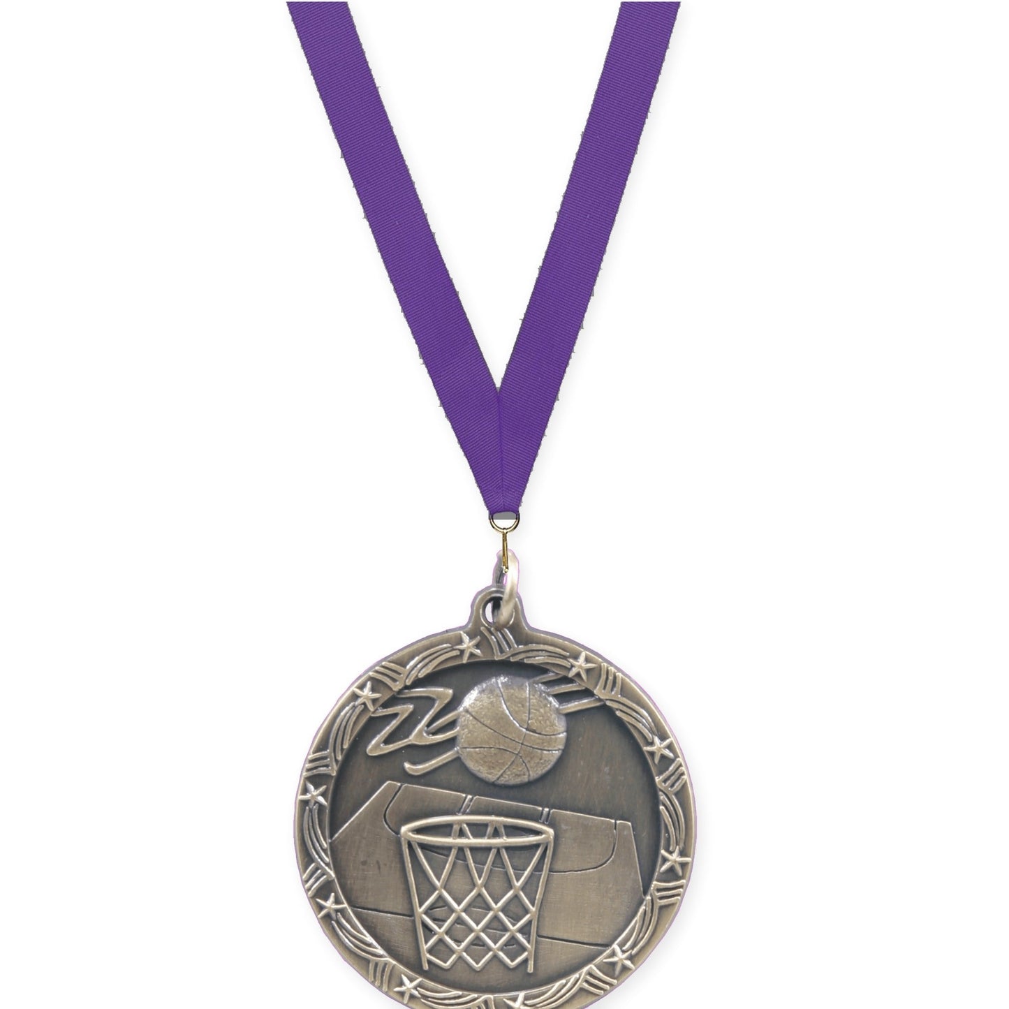 1 3/4 inch basketball Shooting Star medal in antique gold with Purple neck ribbon