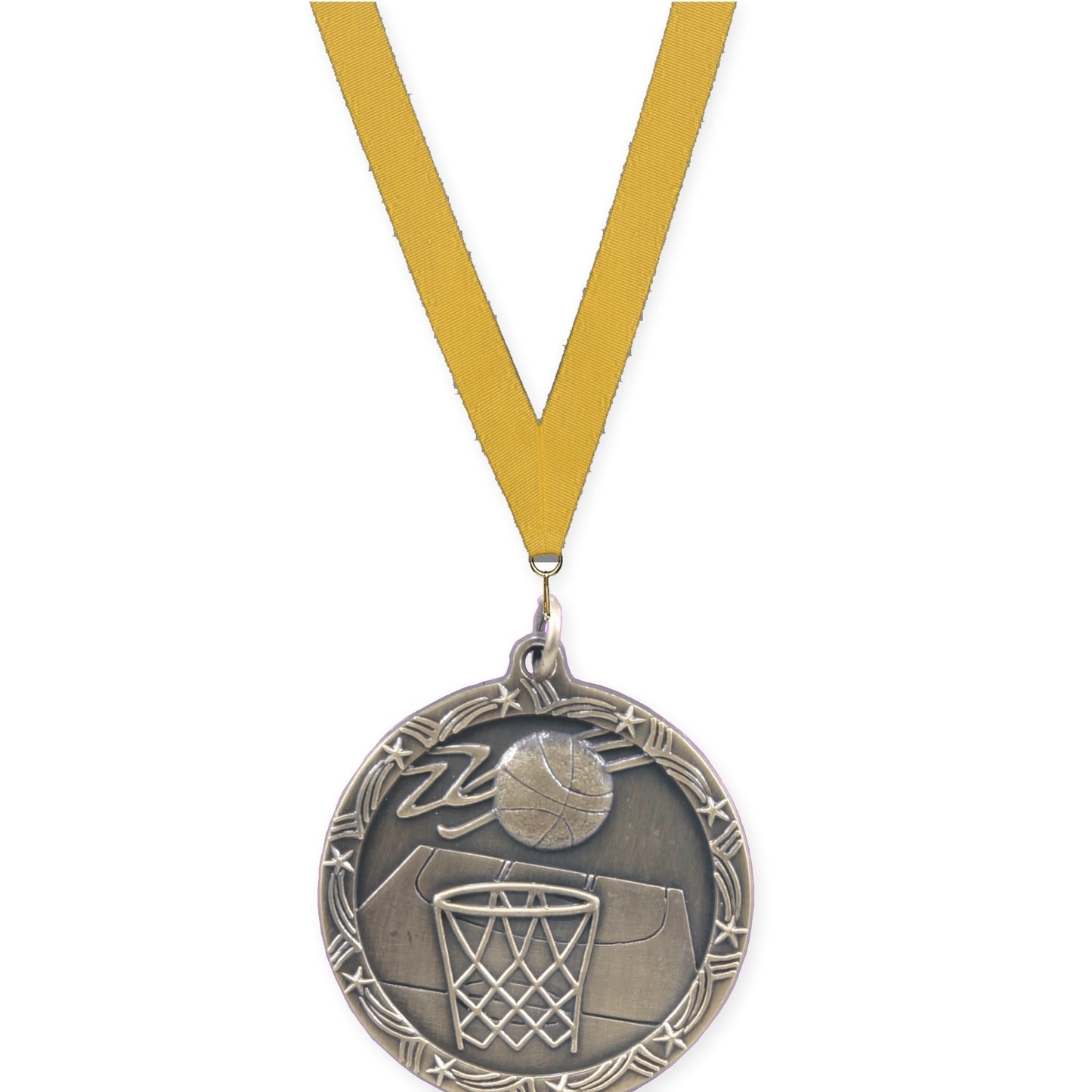 1 3/4 inch basketball Shooting Star medal in antique gold with Gold neck ribbon