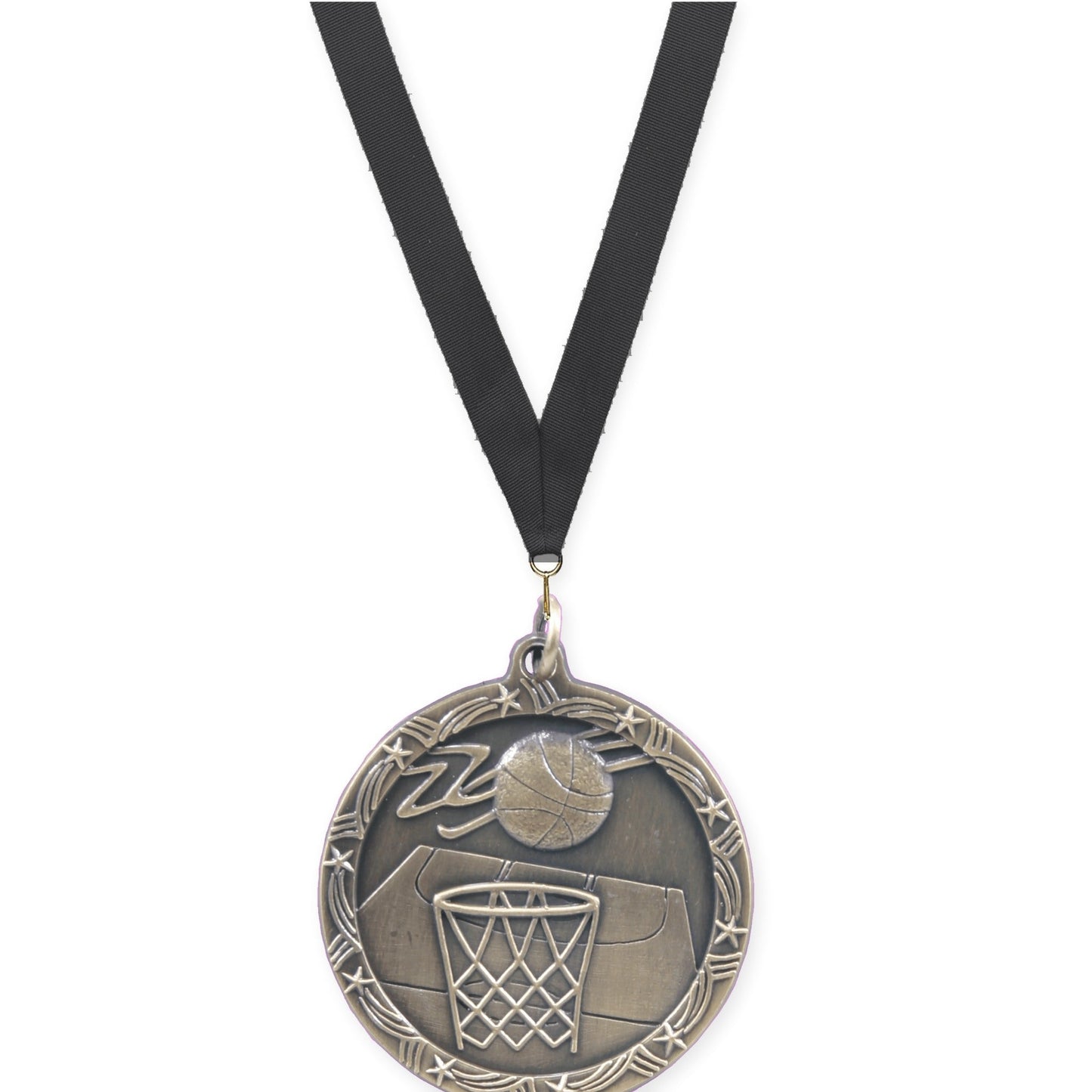 1 3/4 inch basketball Shooting Star medal in antique gold with Black neck ribbon
