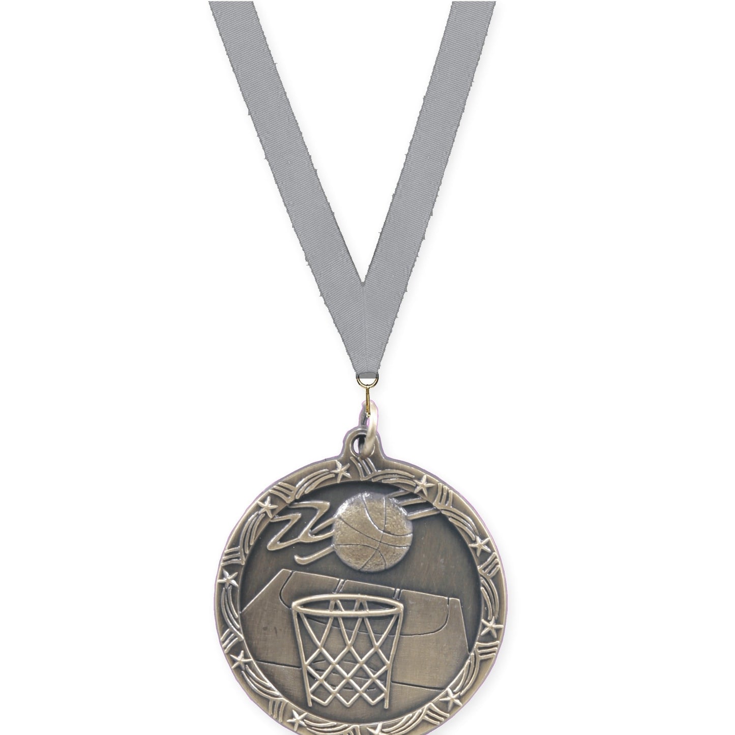 1 3/4 inch basketball Shooting Star medal in antique gold with Gray neck ribbon
