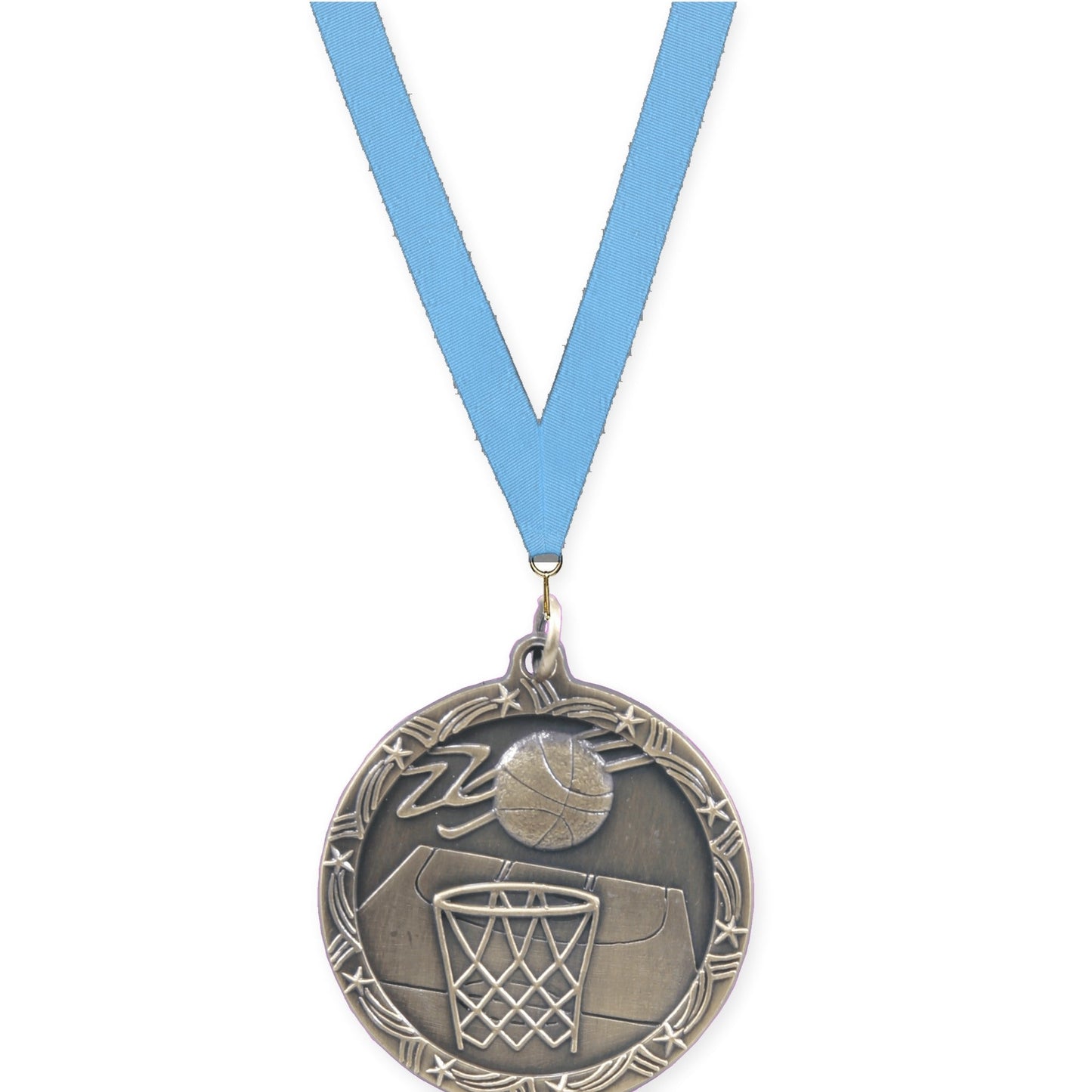 1 3/4 inch basketball Shooting Star medal in antique gold with Light Blue neck ribbon