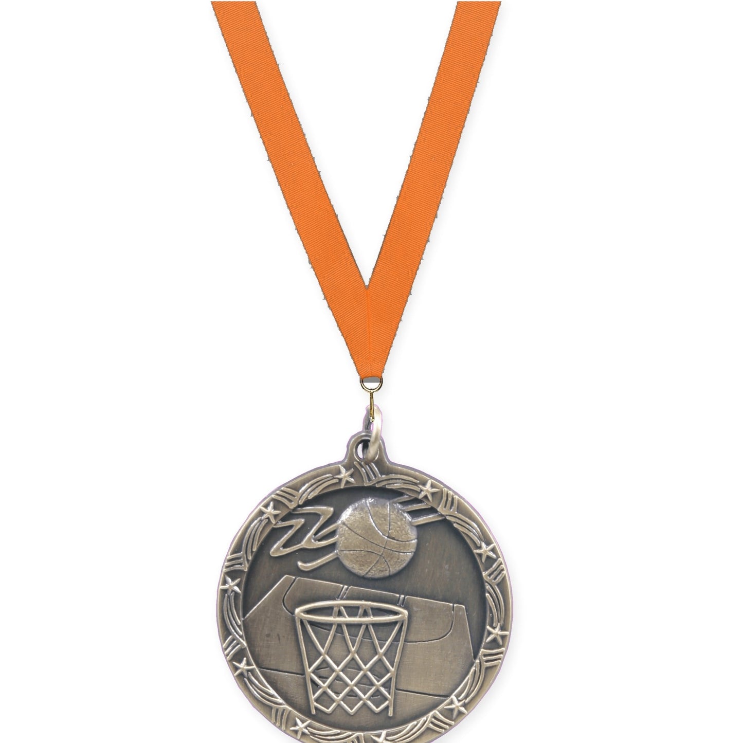 1 3/4 inch basketball Shooting Star medal in antique gold with Orange neck ribbon
