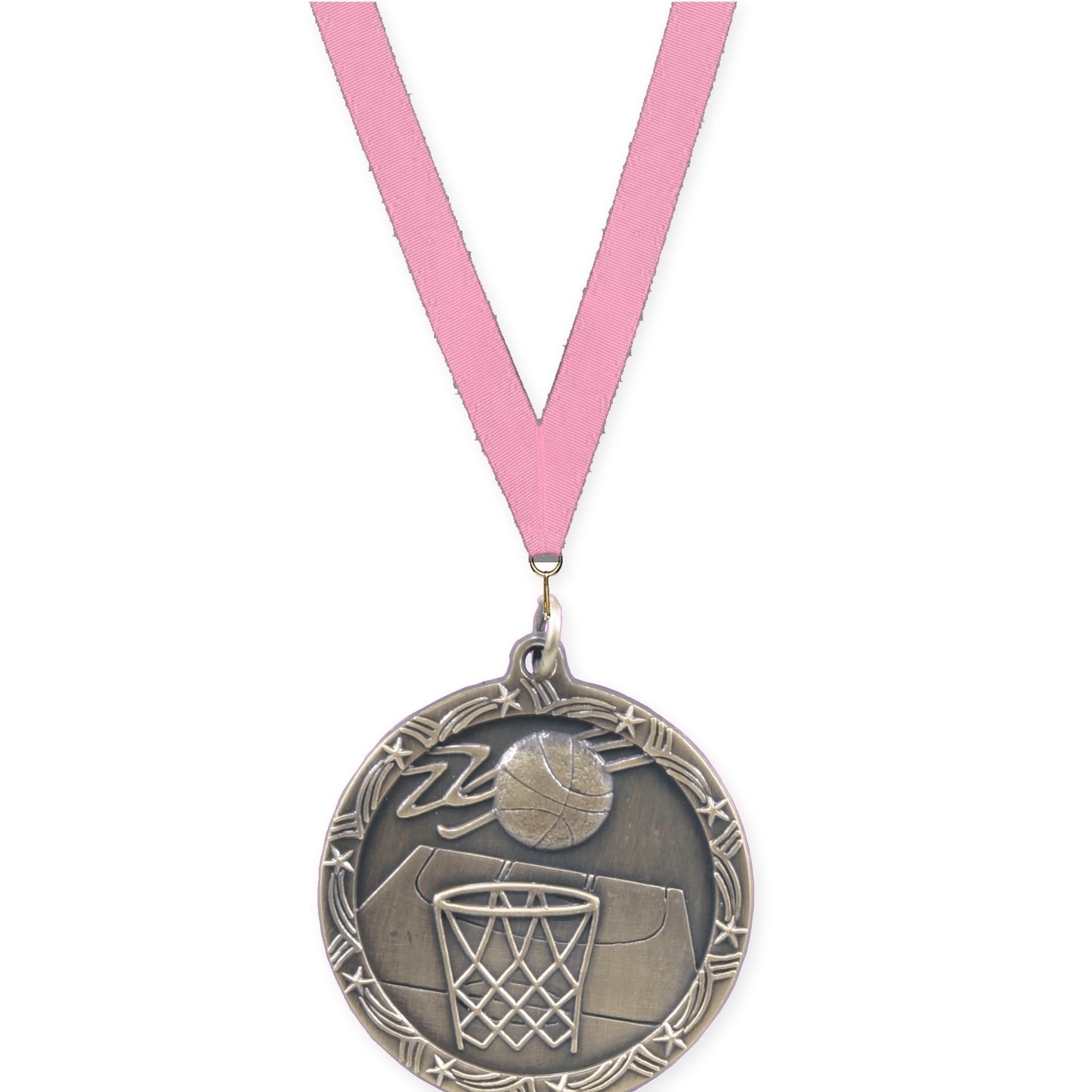1 3/4 inch basketball Shooting Star medal in antique gold with Pink neck ribbon