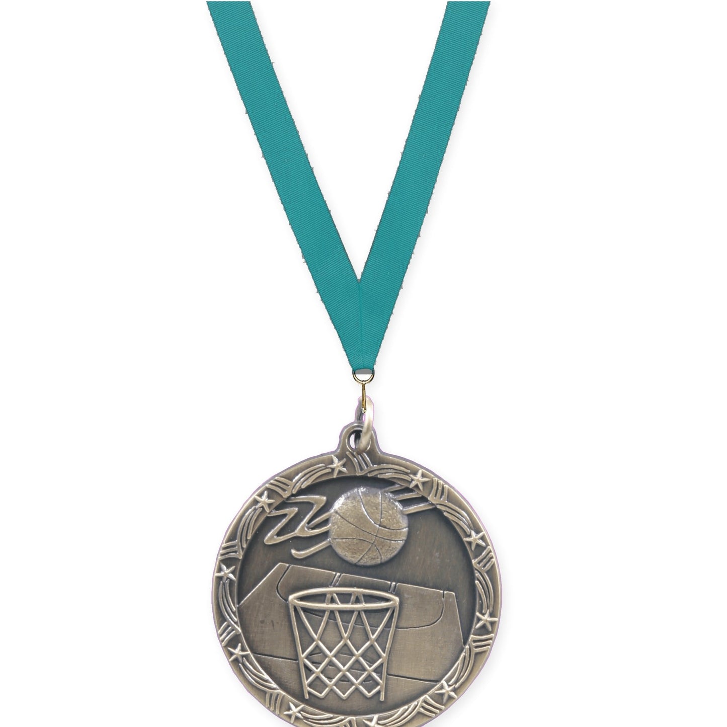 1 3/4 inch basketball Shooting Star medal in antique gold with Teal neck ribbon
