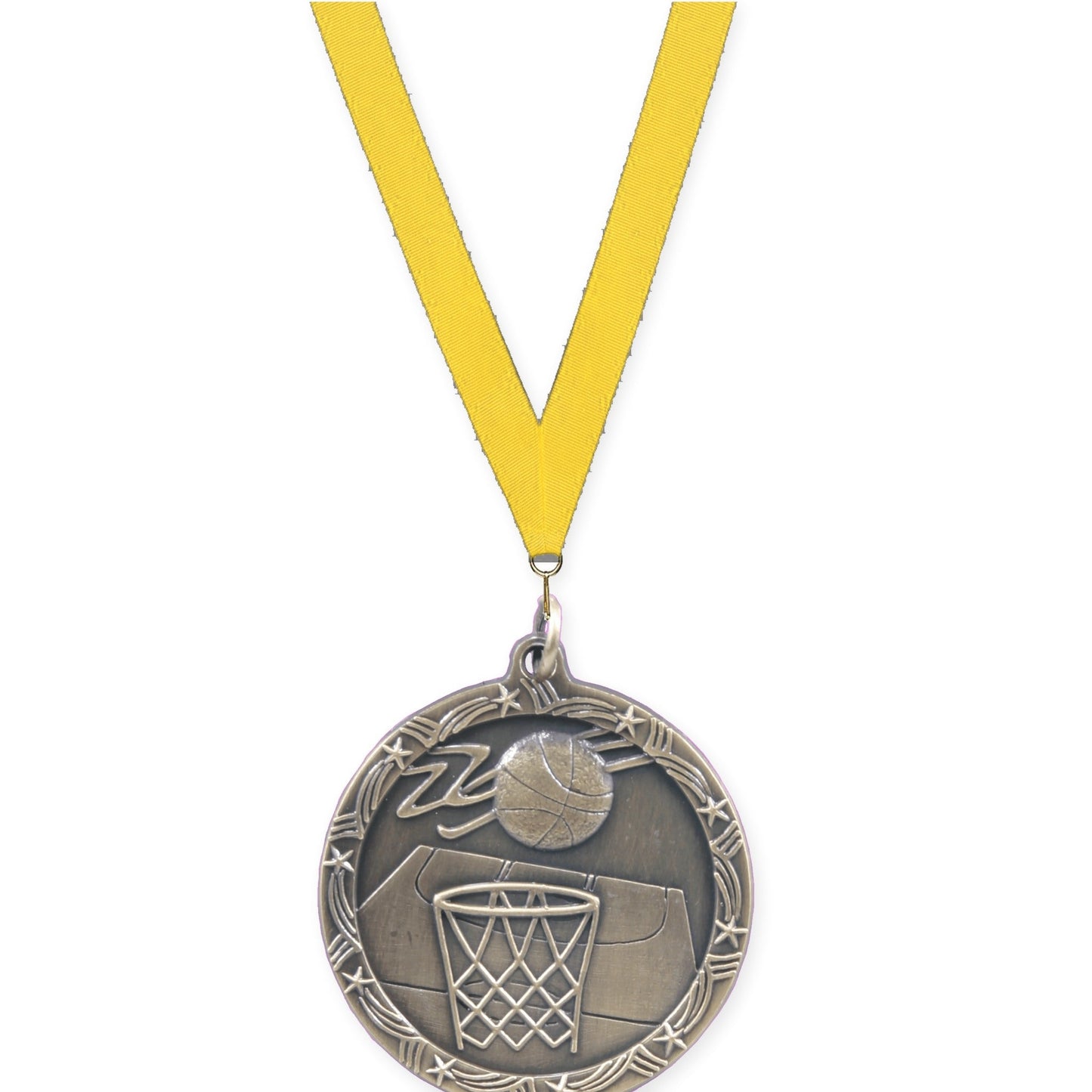 1 3/4 inch basketball Shooting Star medal in antique gold with Yellow neck ribbon