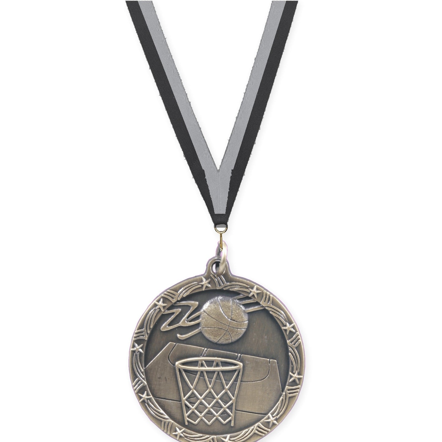1 3/4 inch basketball Shooting Star medal in antique gold with Black Gray neck ribbon