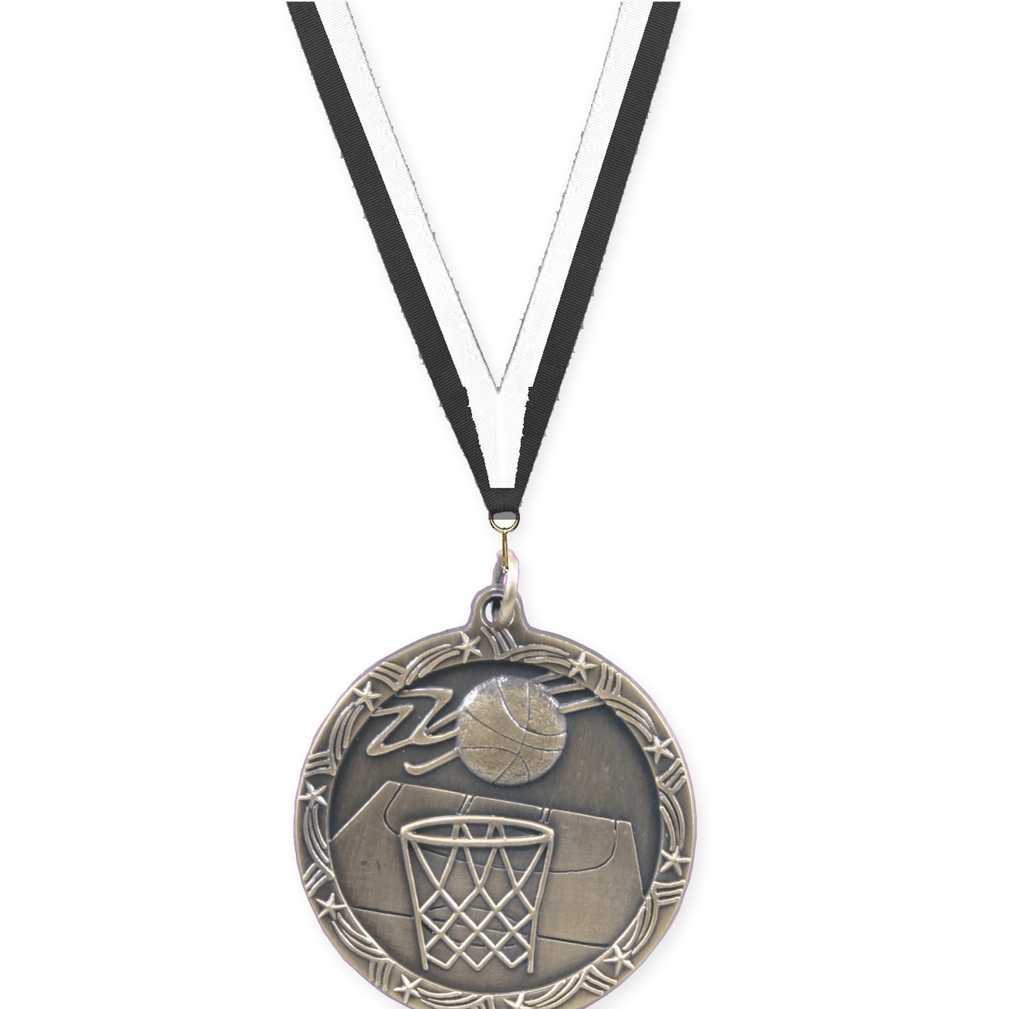 1 3/4 inch basketball Shooting Star medal in antique gold with Black White neck ribbon