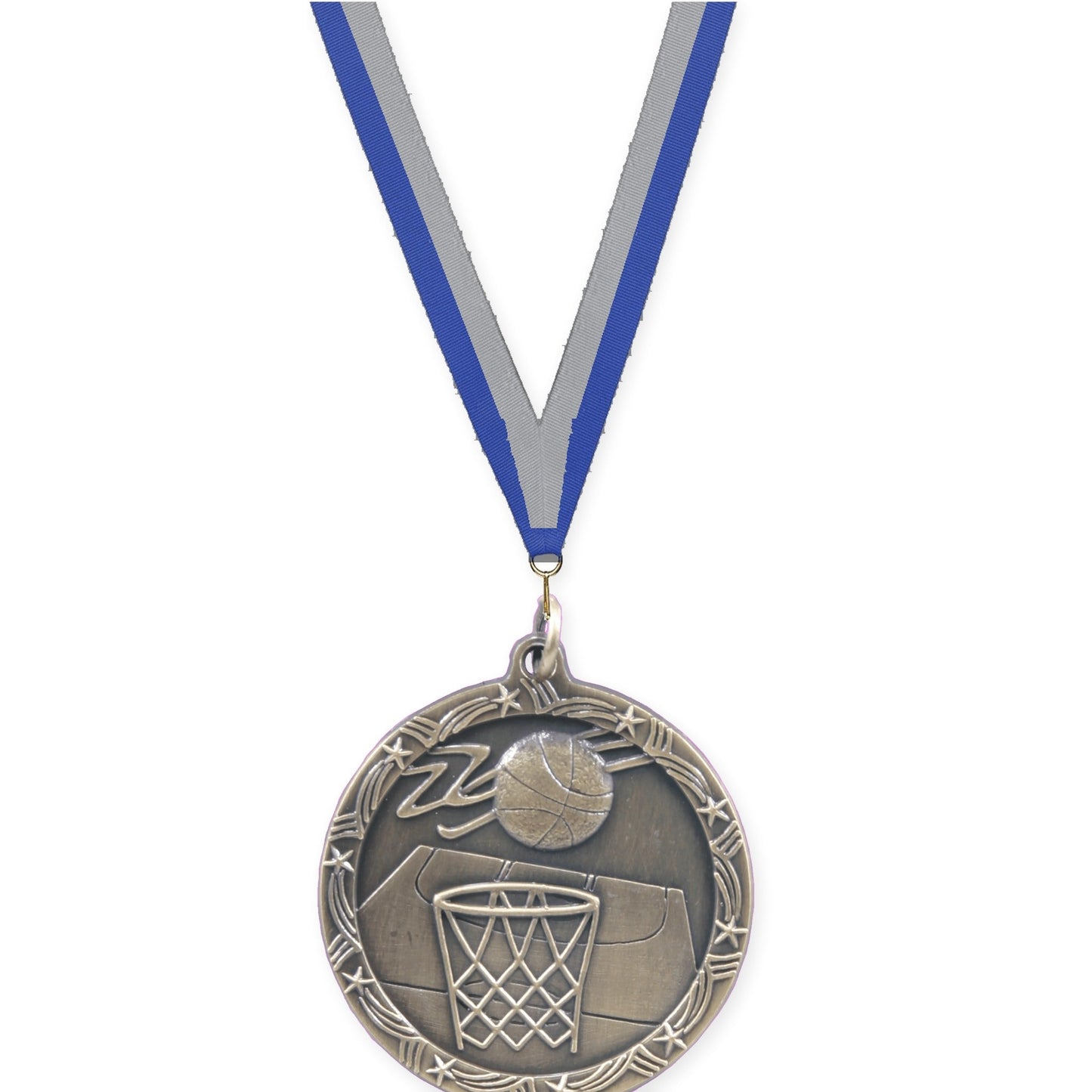 1 3/4 inch basketball Shooting Star medal in antique gold with Blue Gray neck ribbon