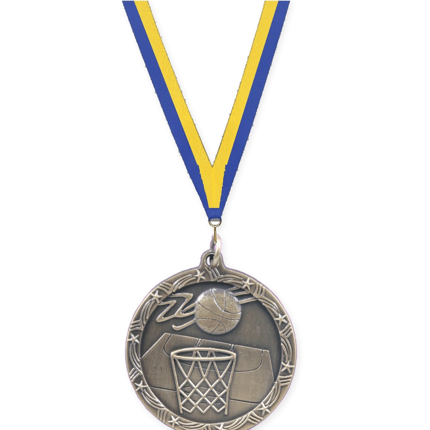 1 3/4 inch basketball Shooting Star medal in antique gold with Blue Yellow neck ribbon