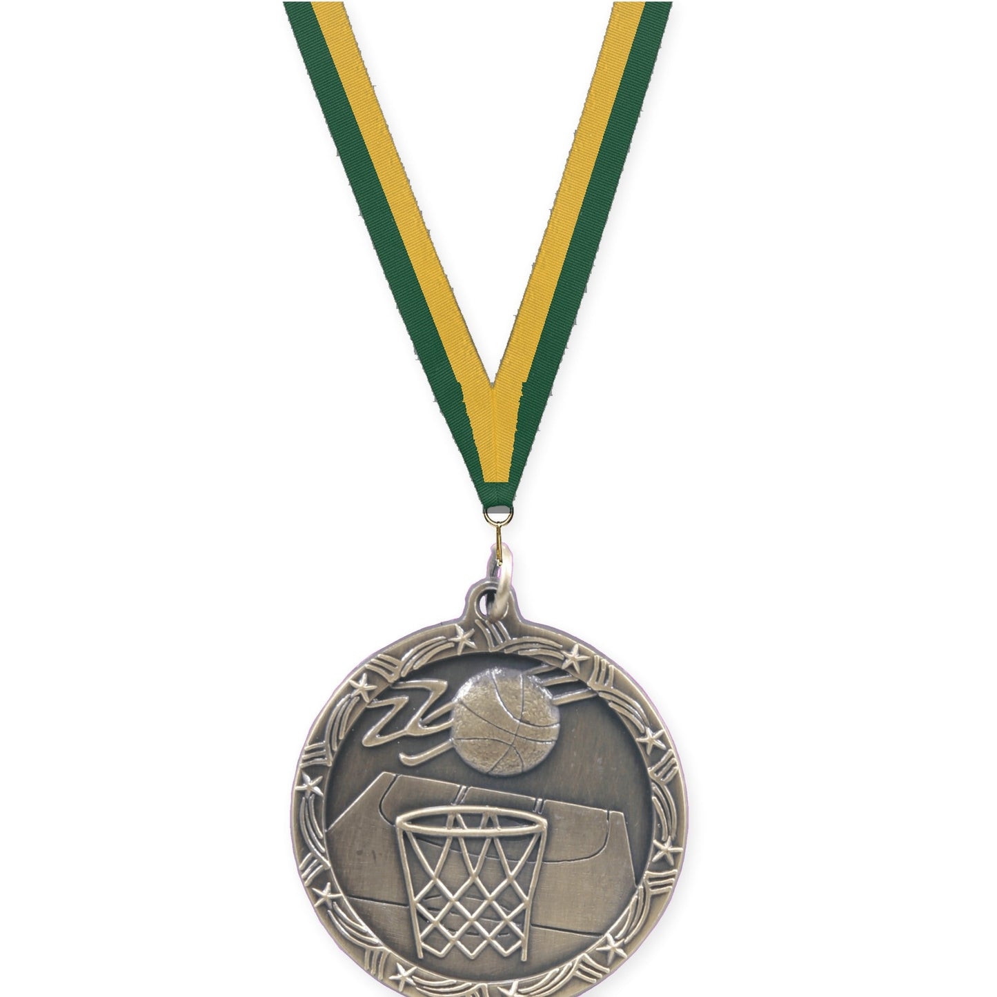 1 3/4 inch basketball Shooting Star medal in antique gold with Hunter Green Gold neck ribbon