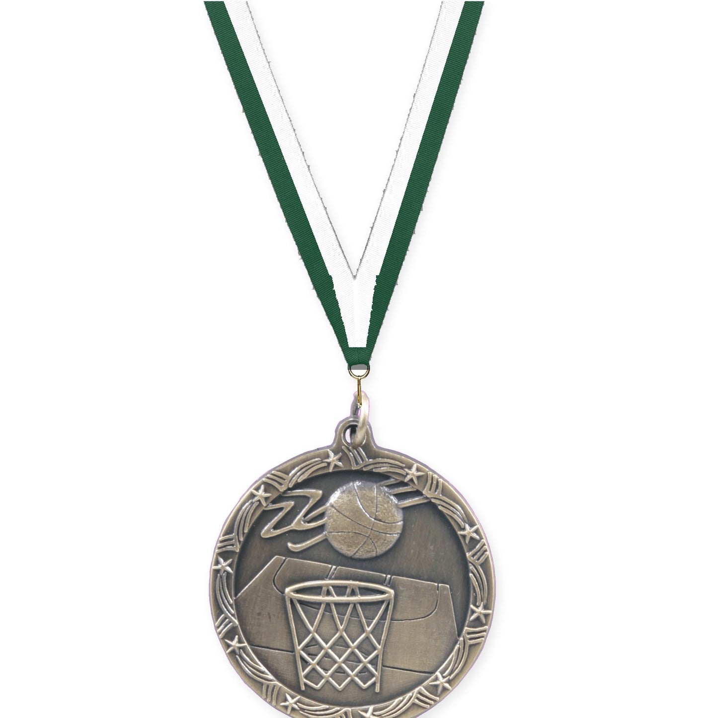 1 3/4 inch basketball Shooting Star medal in antique gold with Hunter Green White neck ribbon