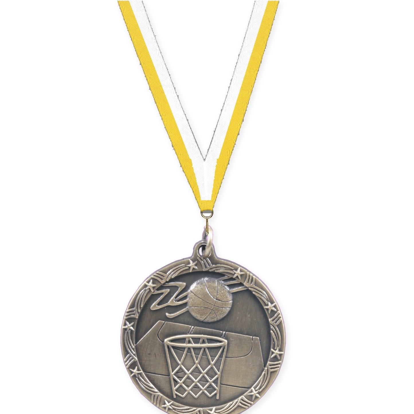 1 3/4 inch basketball Shooting Star medal in antique gold with Yellow White neck ribbon