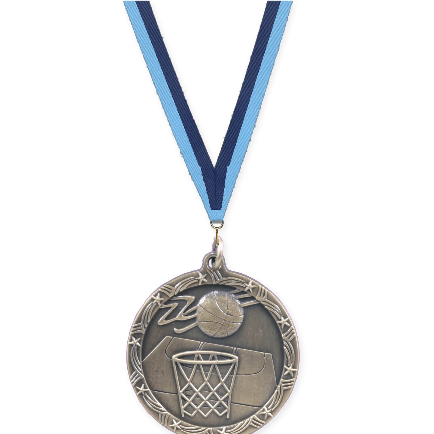 1 3/4 inch basketball Shooting Star medal in antique gold with Light Blue Navy neck ribbon