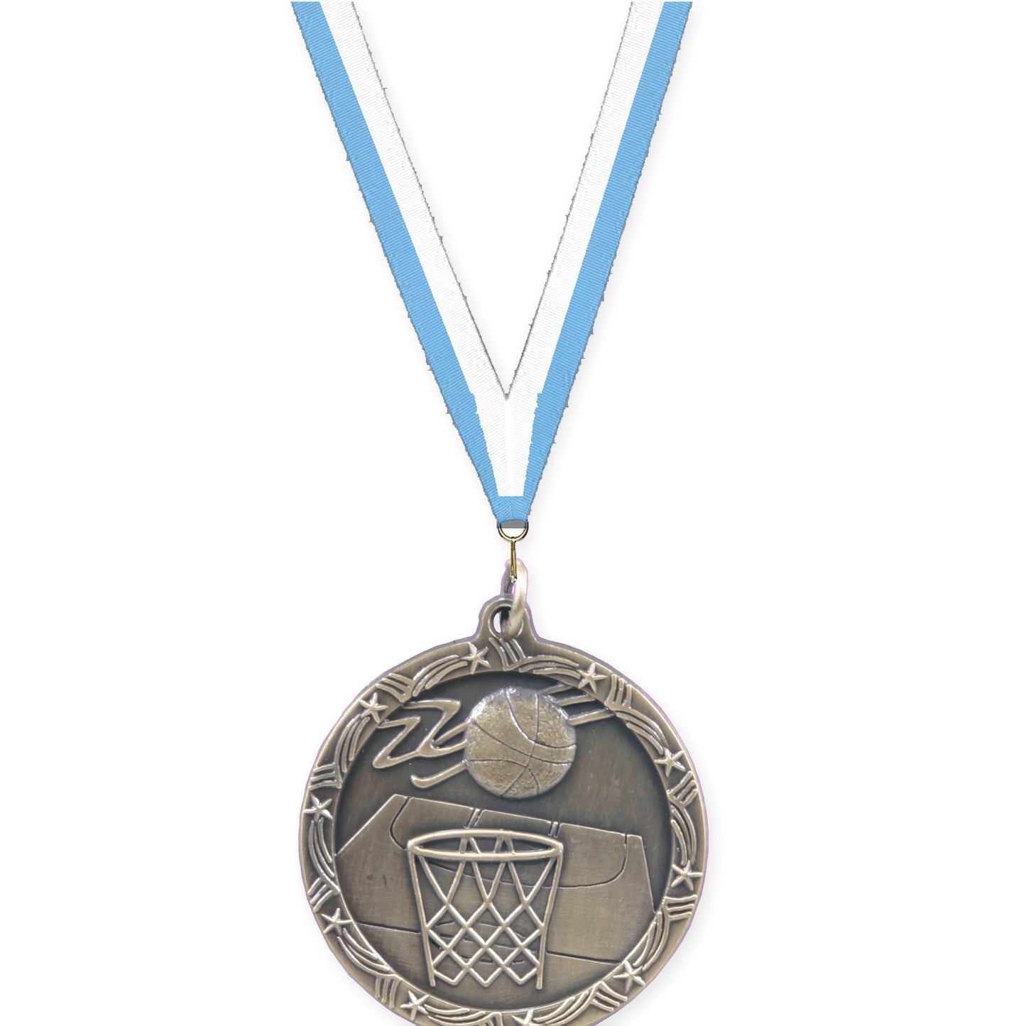 1 3/4 inch basketball Shooting Star medal in antique gold with Light Blue White neck ribbon