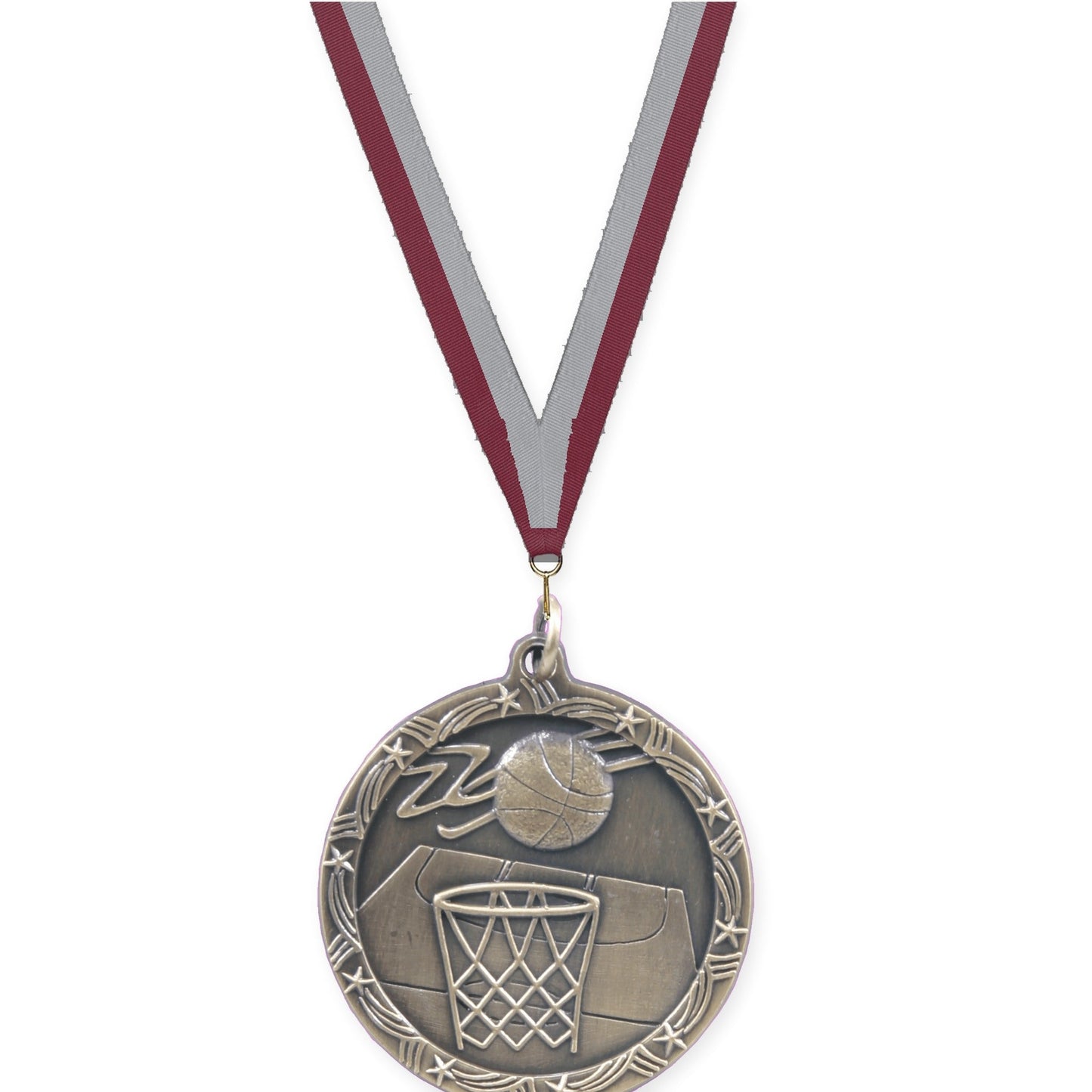 1 3/4 inch basketball Shooting Star medal in antique gold with Maroon Gray neck ribbon