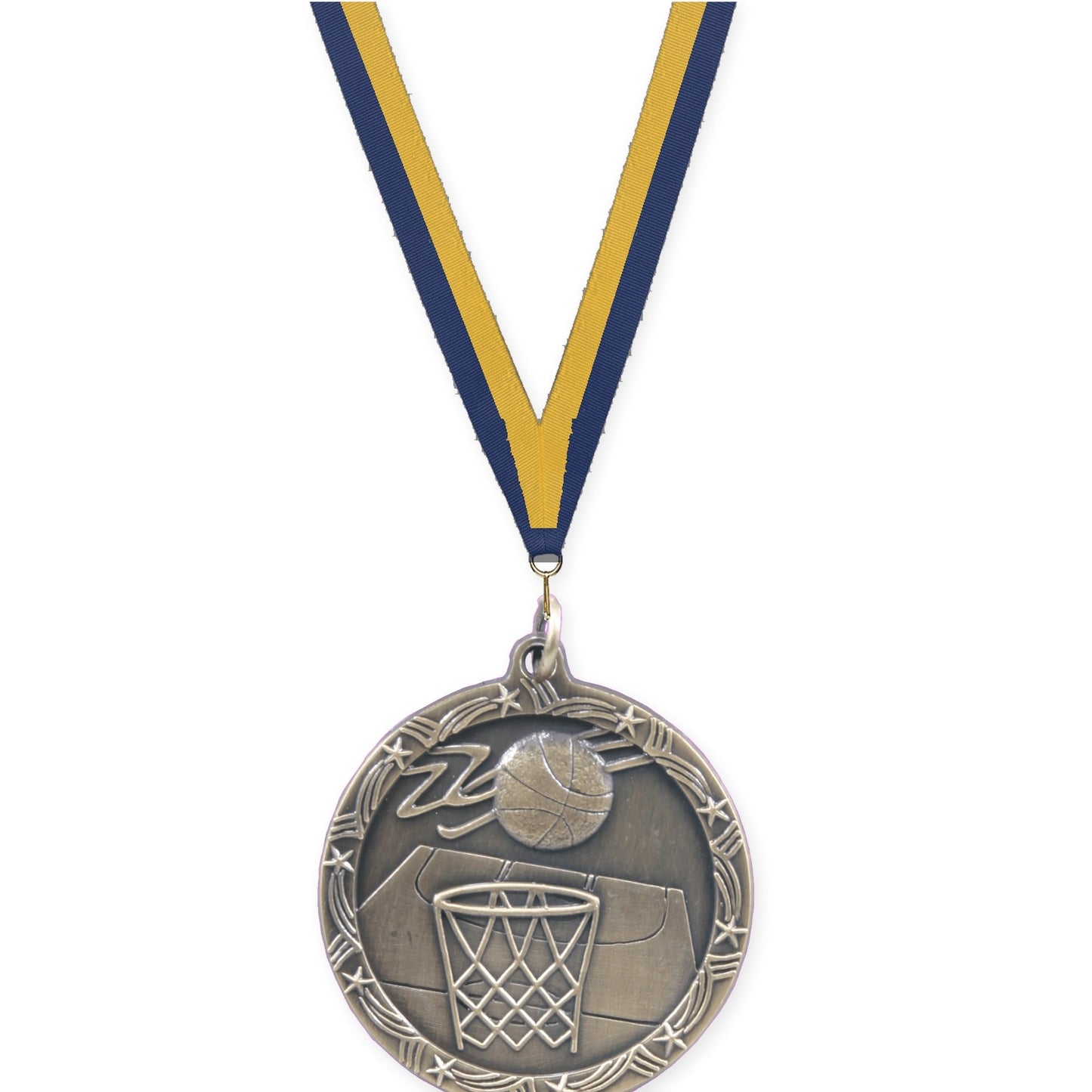 1 3/4 inch basketball Shooting Star medal in antique gold with Navy Gold neck ribbon