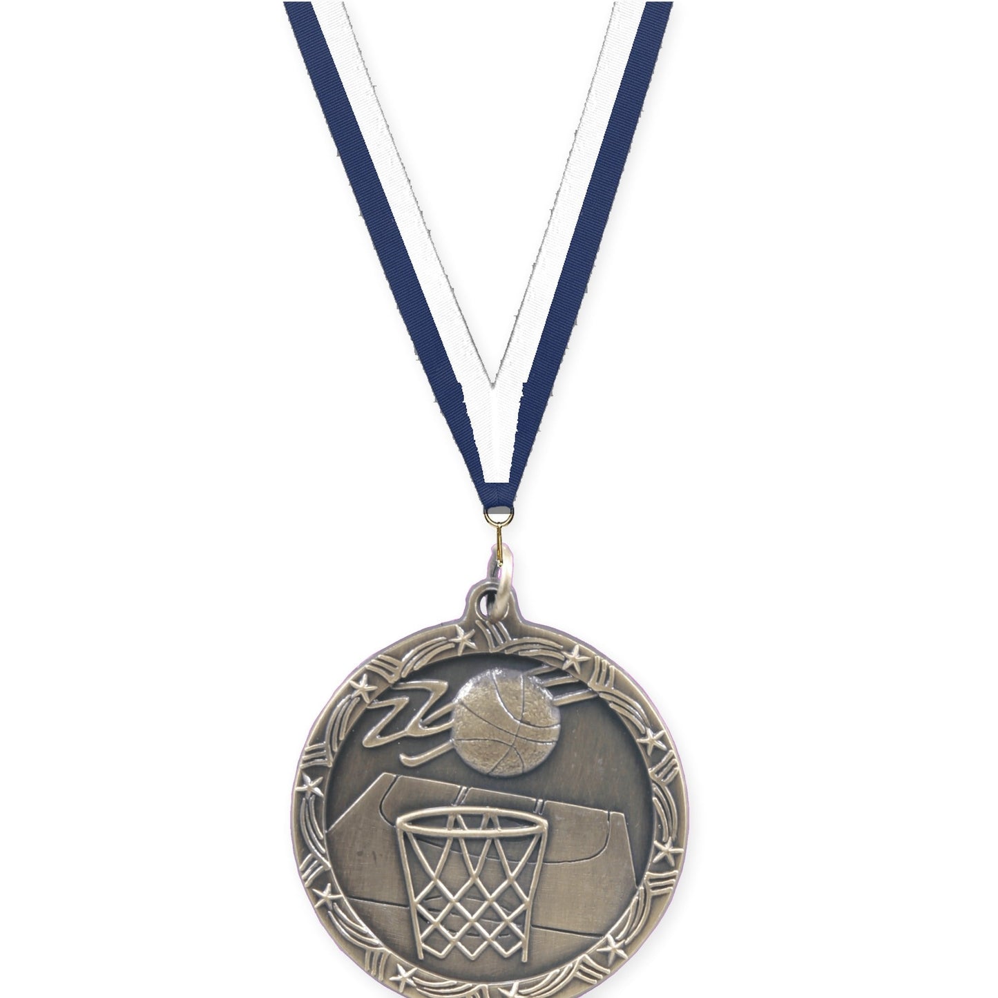 1 3/4 inch basketball Shooting Star medal in antique gold with Navy White neck ribbon