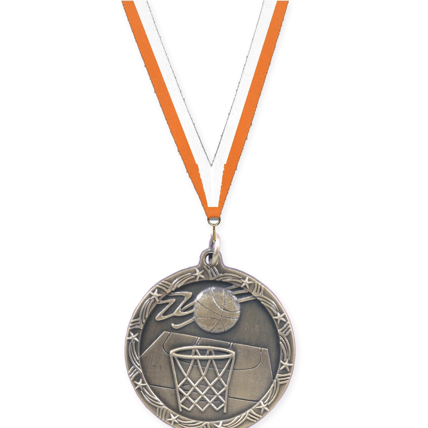 1 3/4 inch basketball Shooting Star medal in antique gold with Orange White neck ribbon