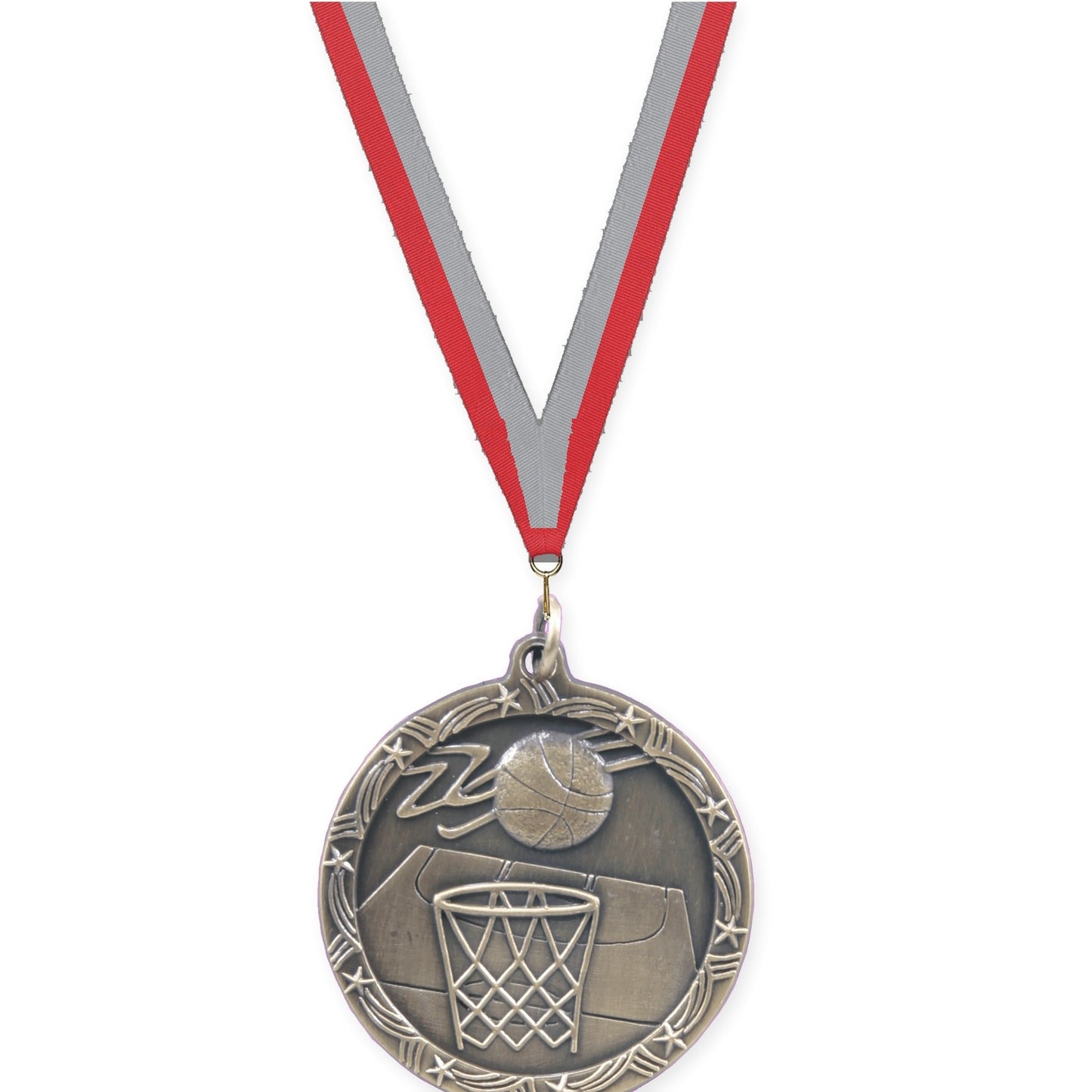 1 3/4 inch basketball Shooting Star medal in antique gold with Red Gray neck ribbon