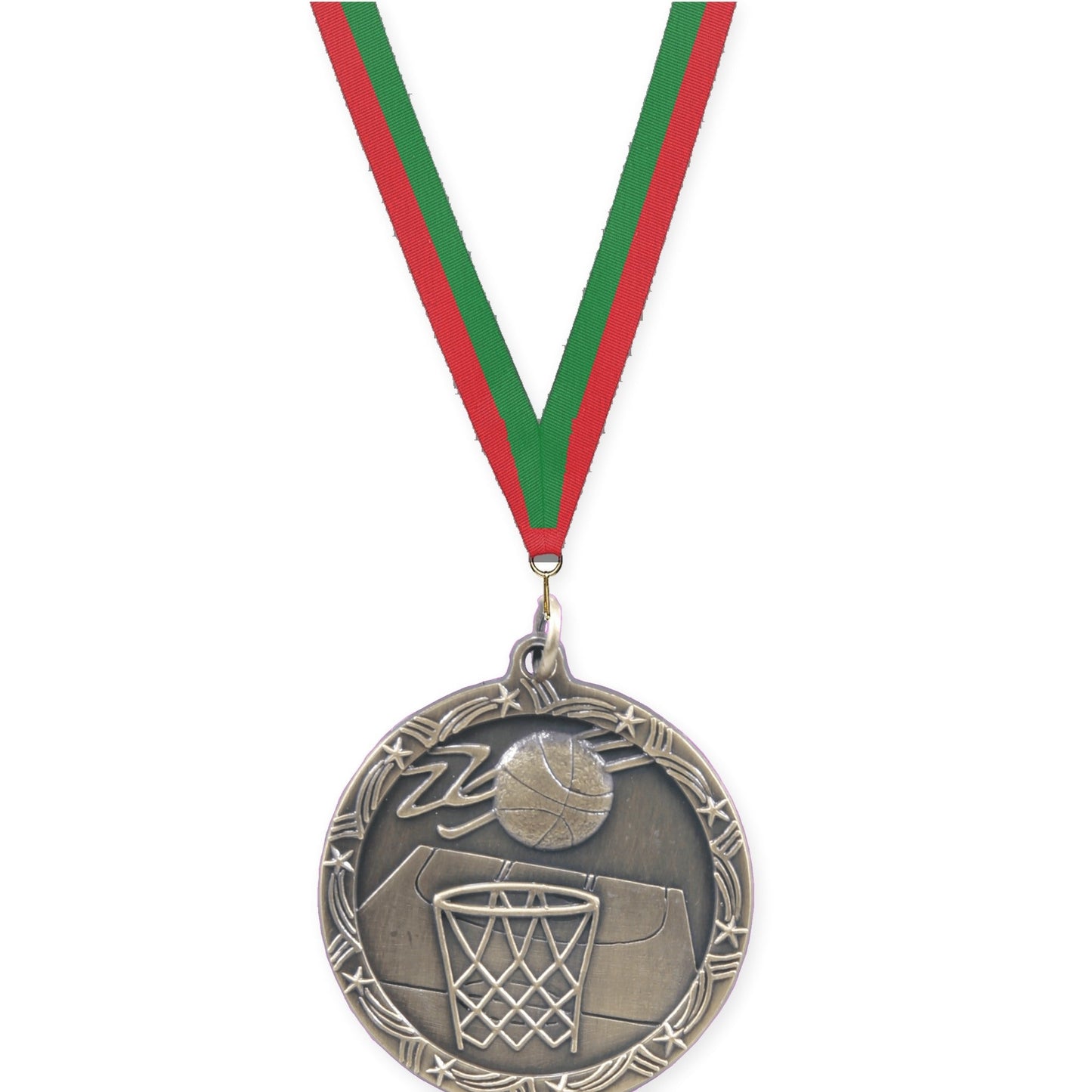 1 3/4 inch basketball Shooting Star medal in antique gold with Red Green neck ribbon