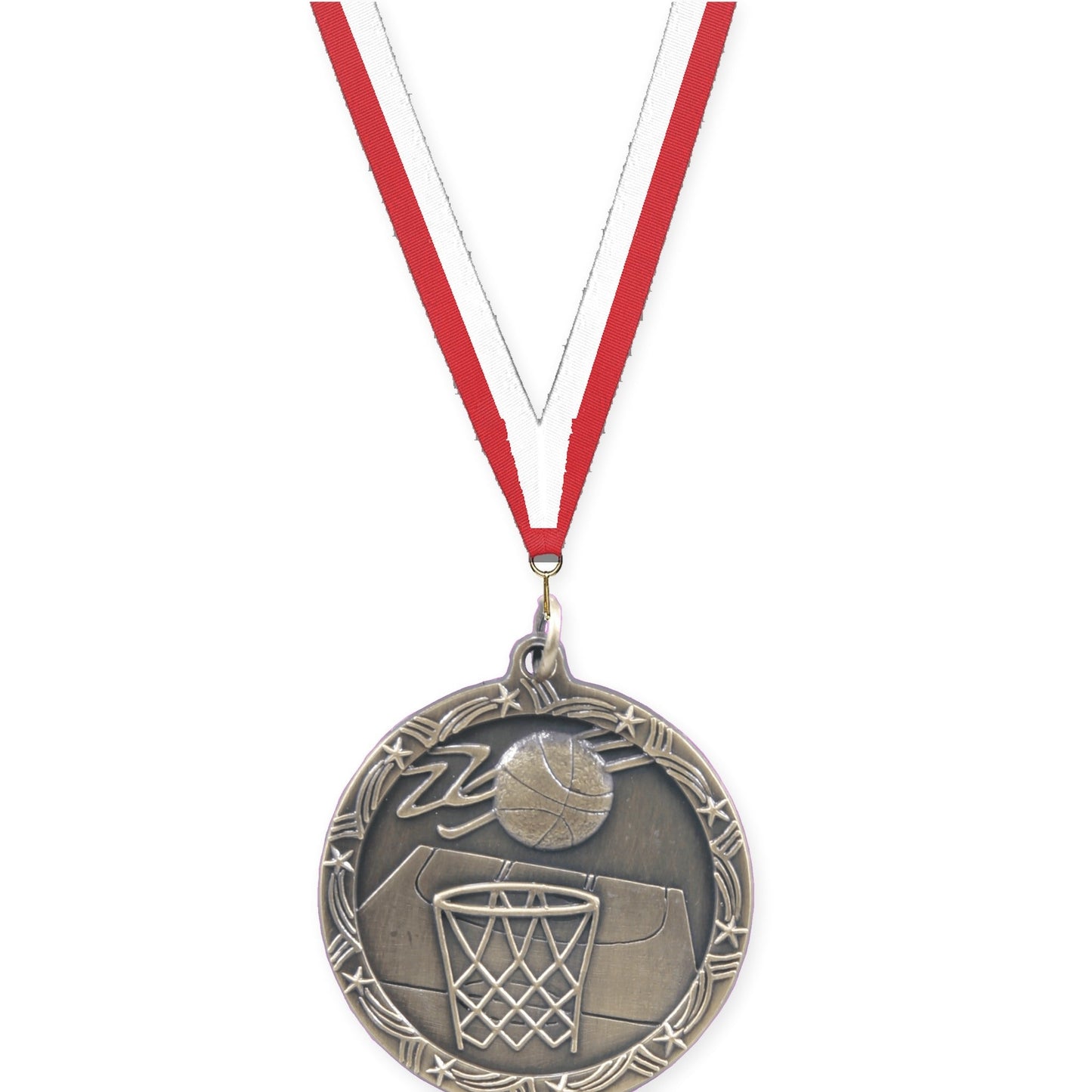 1 3/4 inch basketball Shooting Star medal in antique gold with Red White neck ribbon