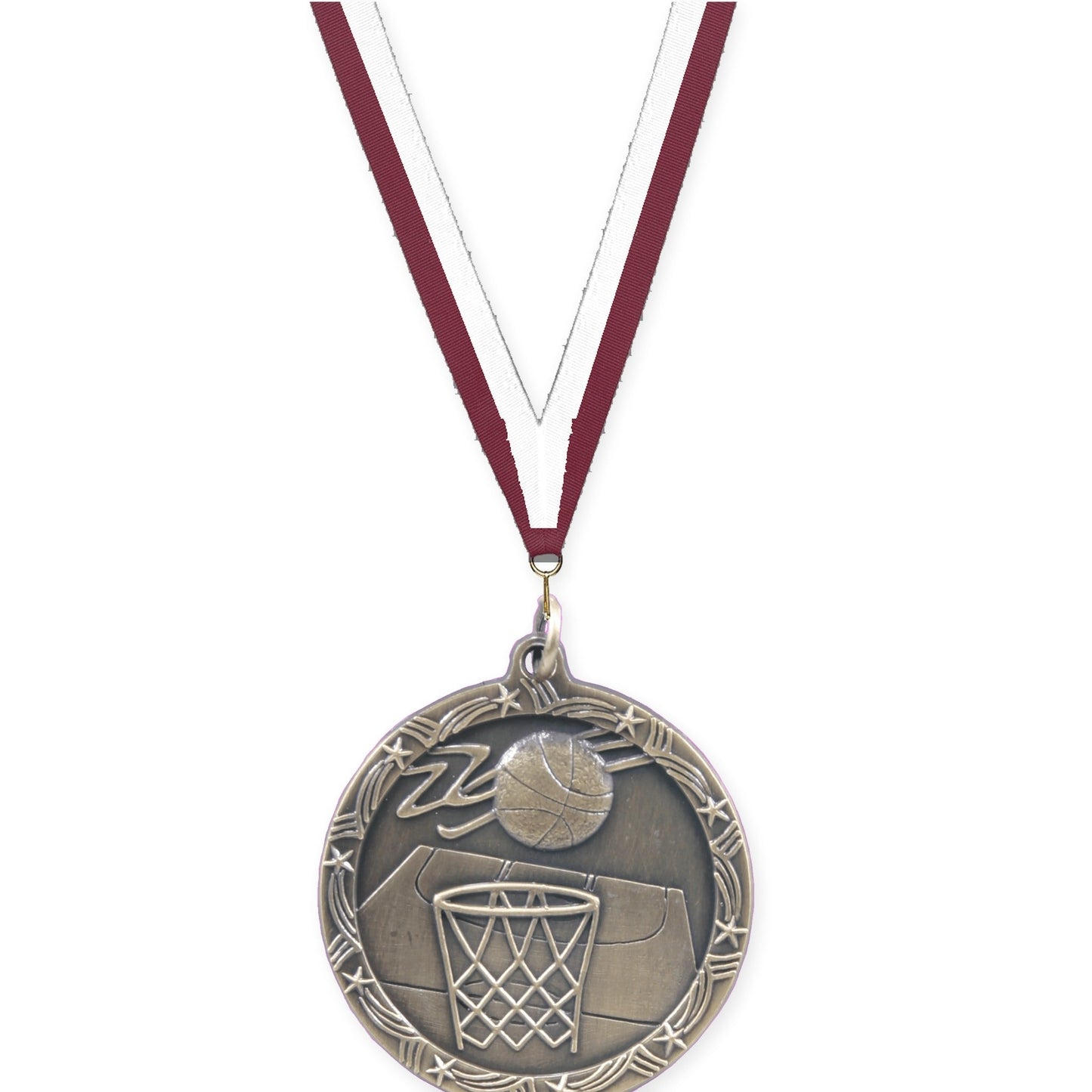 1 3/4 inch basketball Shooting Star medal in antique gold with Maroon White neck ribbon