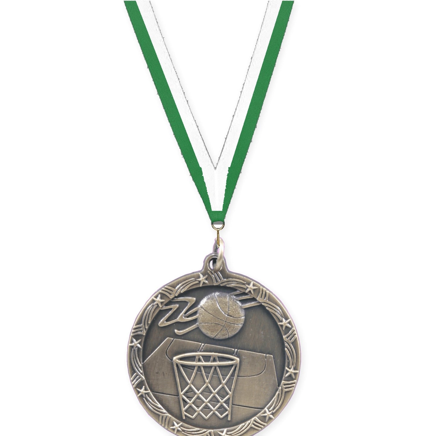 1 3/4 inch basketball Shooting Star medal in antique gold with Green White neck ribbon