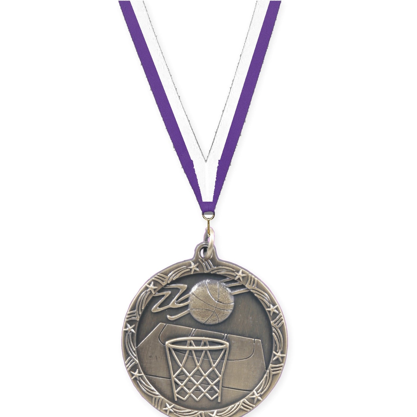 1 3/4 inch basketball Shooting Star medal in antique gold with Purple White neck ribbon