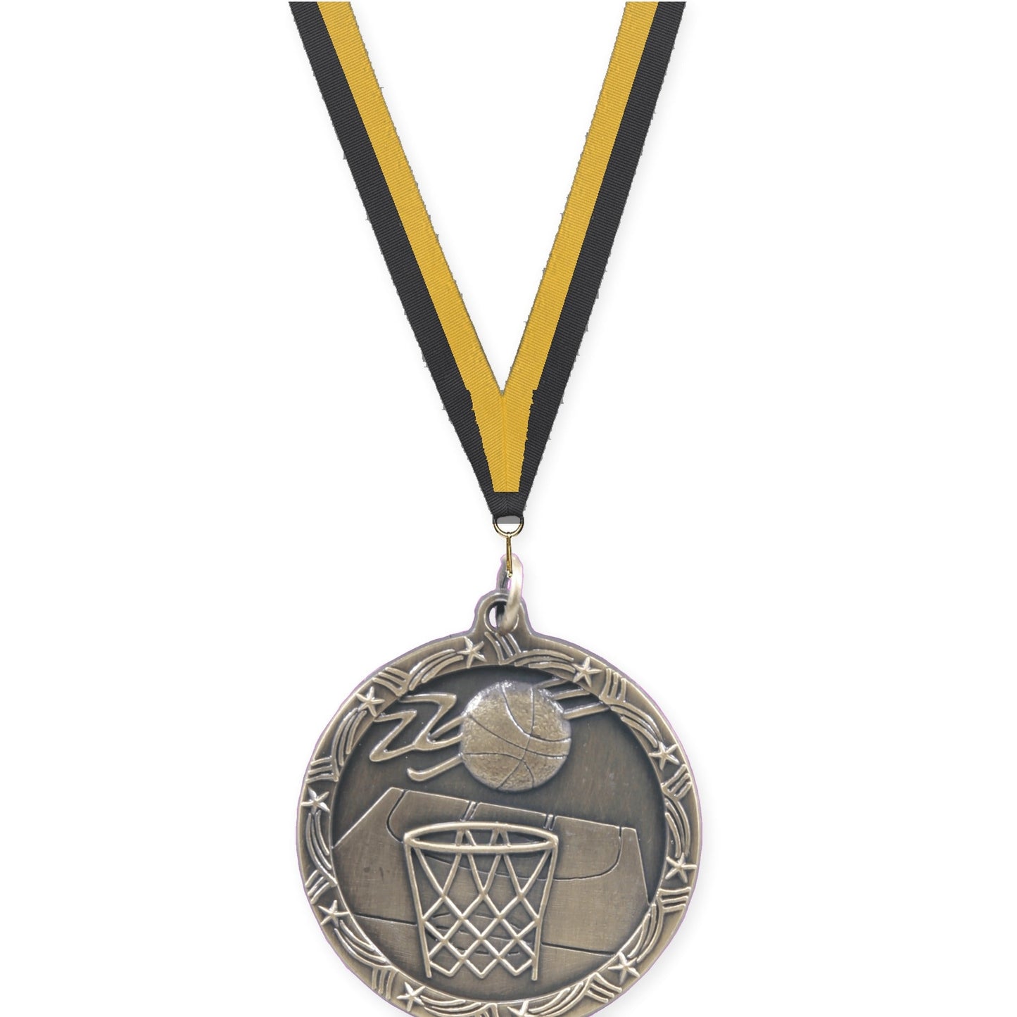 1 3/4 inch basketball Shooting Star medal in antique gold with Black Gold neck ribbon