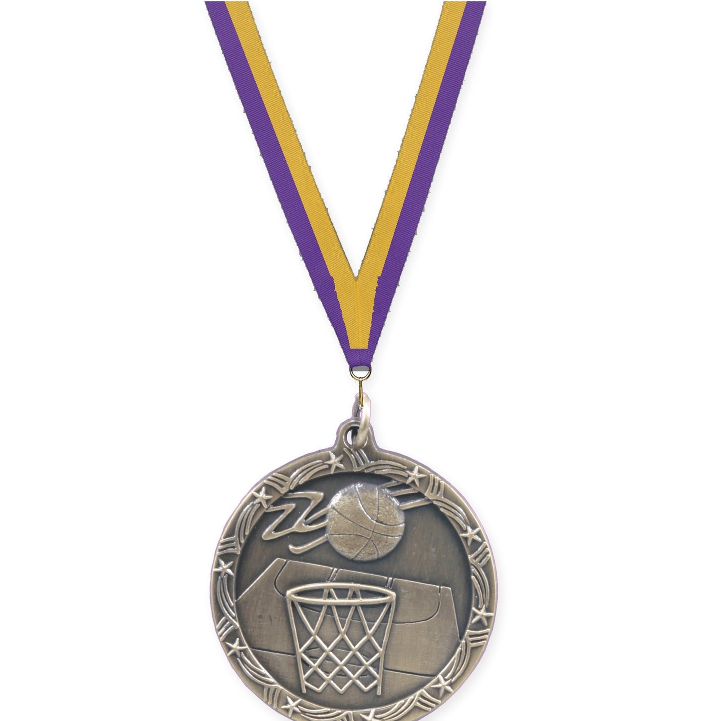 1 3/4 inch basketball Shooting Star medal in antique gold with Purple Gold neck ribbon