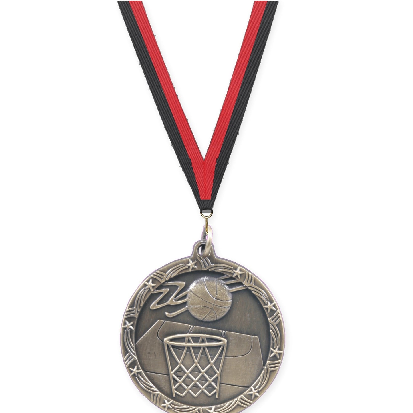 1 3/4 inch basketball Shooting Star medal in antique gold with Black Red neck ribbon