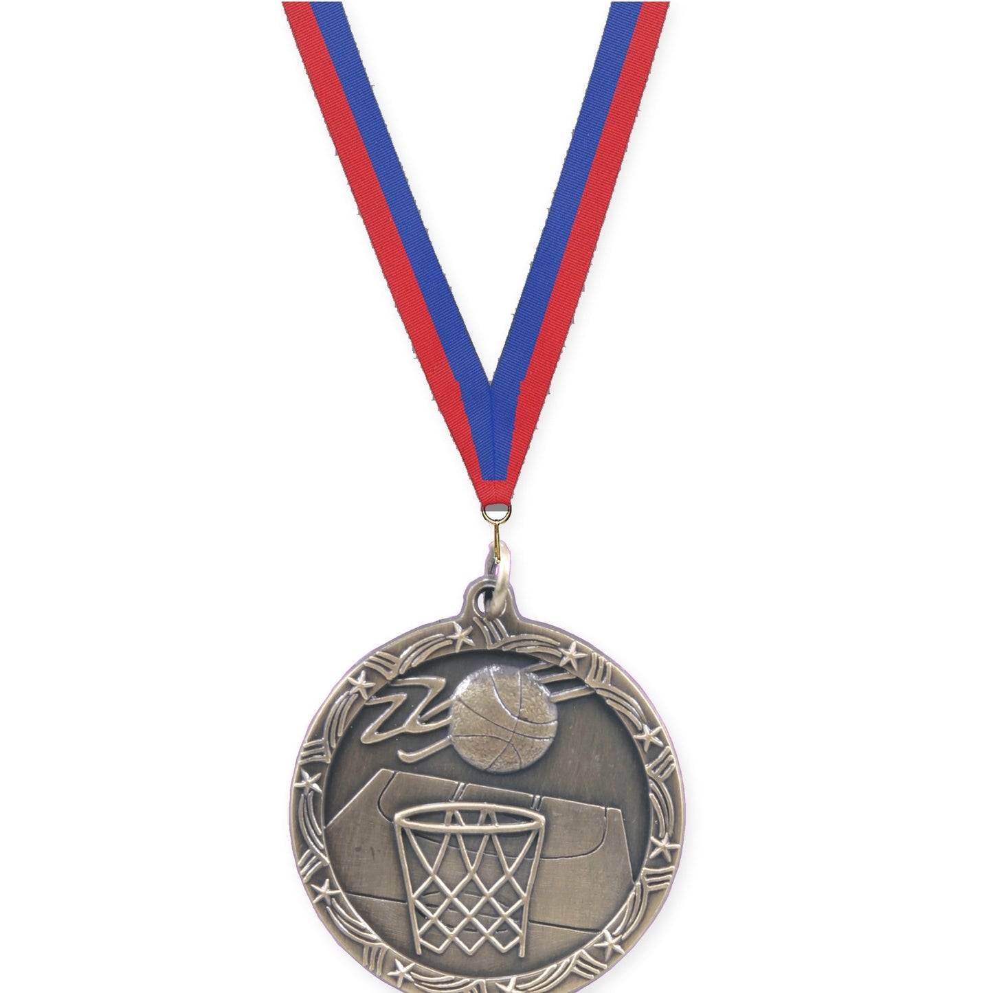 1 3/4 inch basketball Shooting Star medal in antique gold with Blue Red neck ribbon
