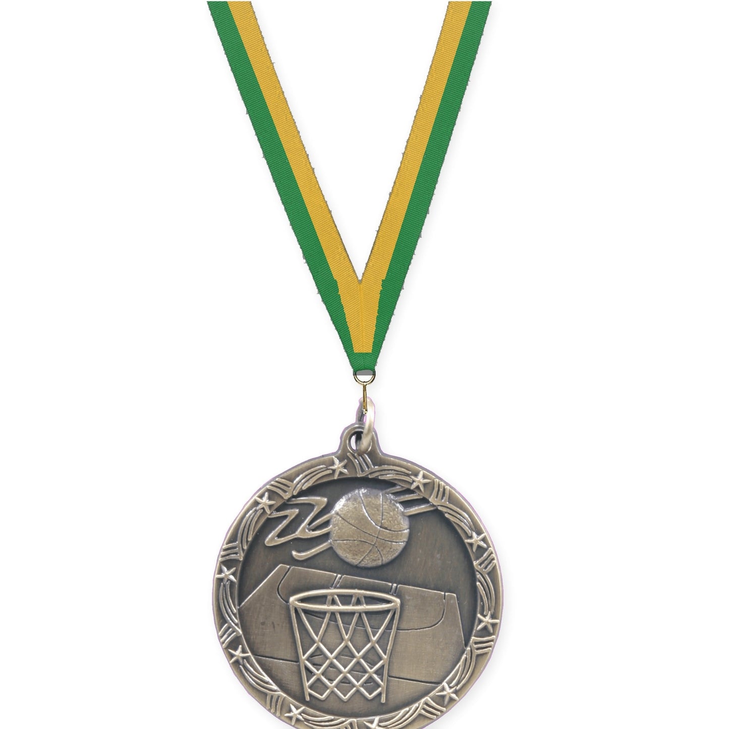 1 3/4 inch basketball Shooting Star medal in antique gold with Green Gold neck ribbon