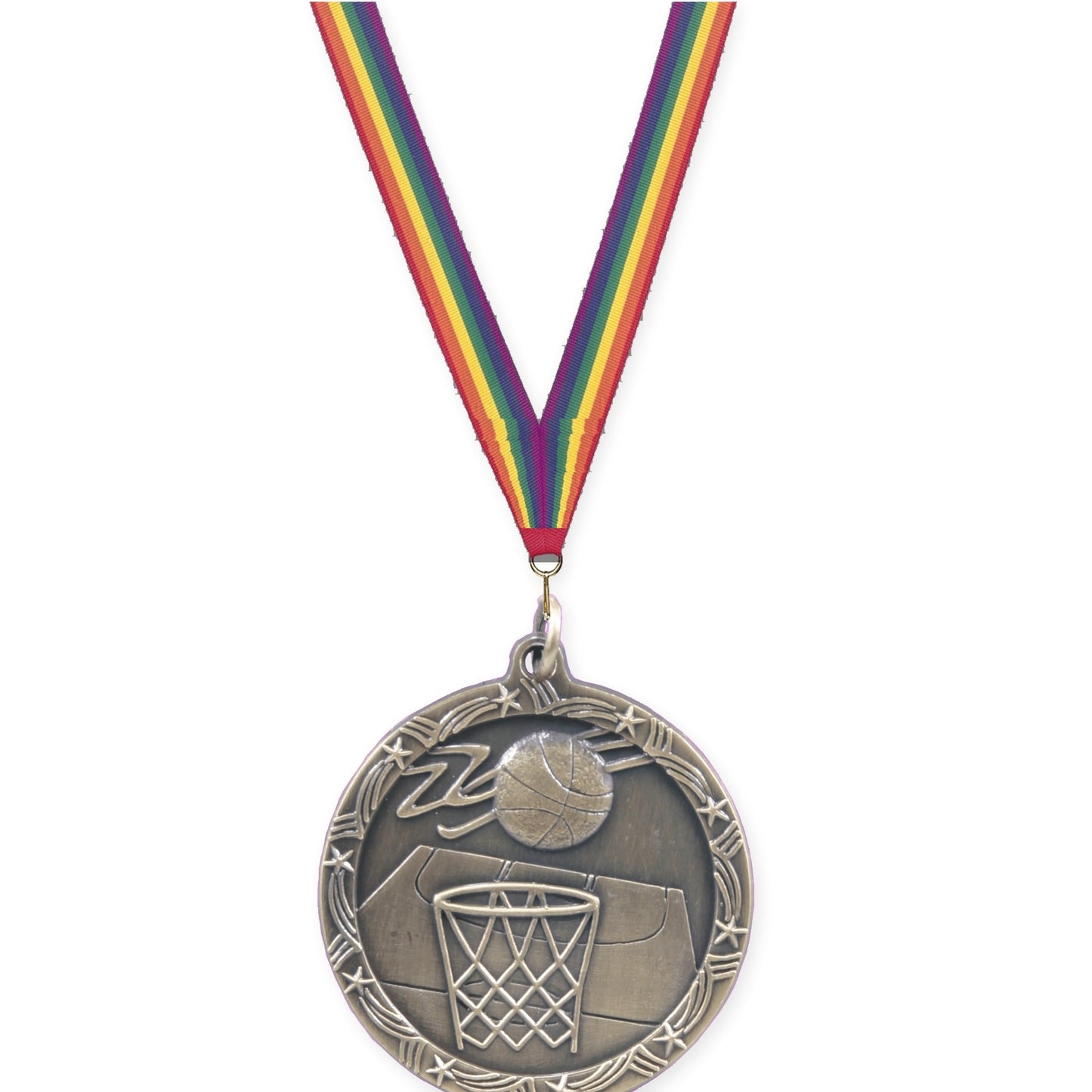 1 3/4 inch basketball Shooting Star medal in antique gold with Rainbow neck ribbon