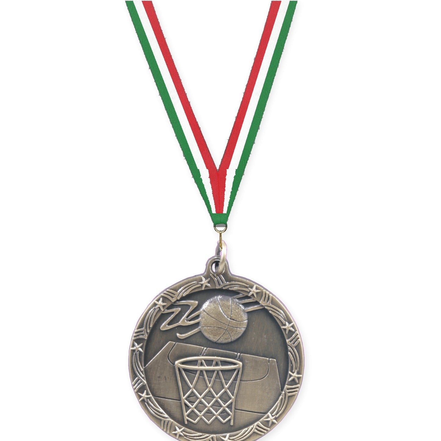 1 3/4 inch basketball Shooting Star medal in antique gold with Green White Red neck ribbon