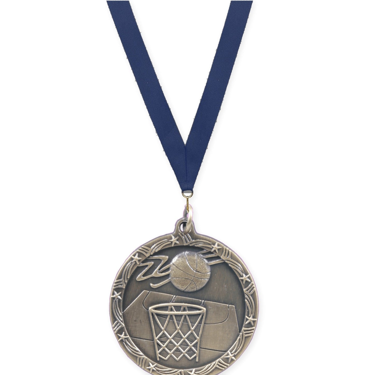 1 3/4 inch basketball Shooting Star medal in antique gold with Navy neck ribbon
