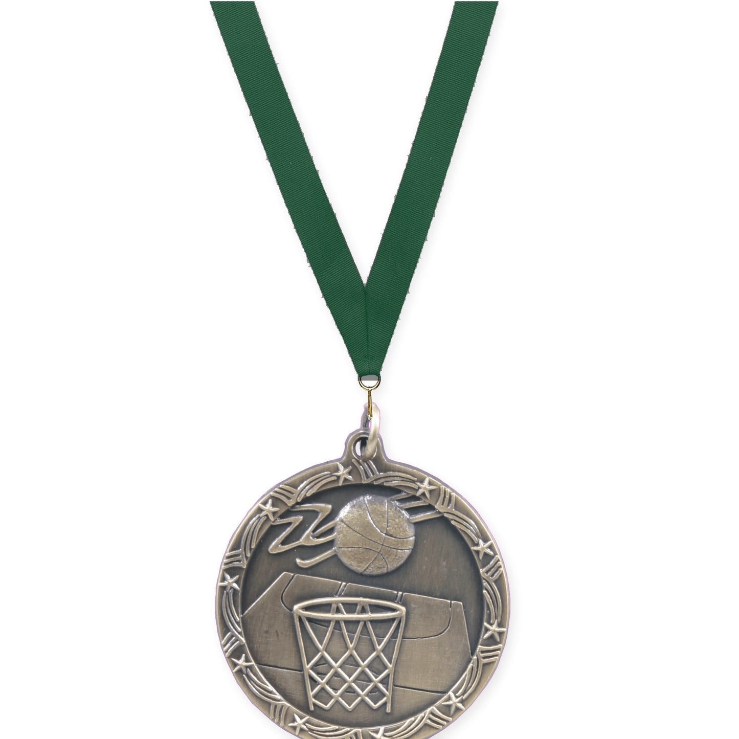 1 3/4 inch basketball Shooting Star medal in antique gold with Hunter Green neck ribbon