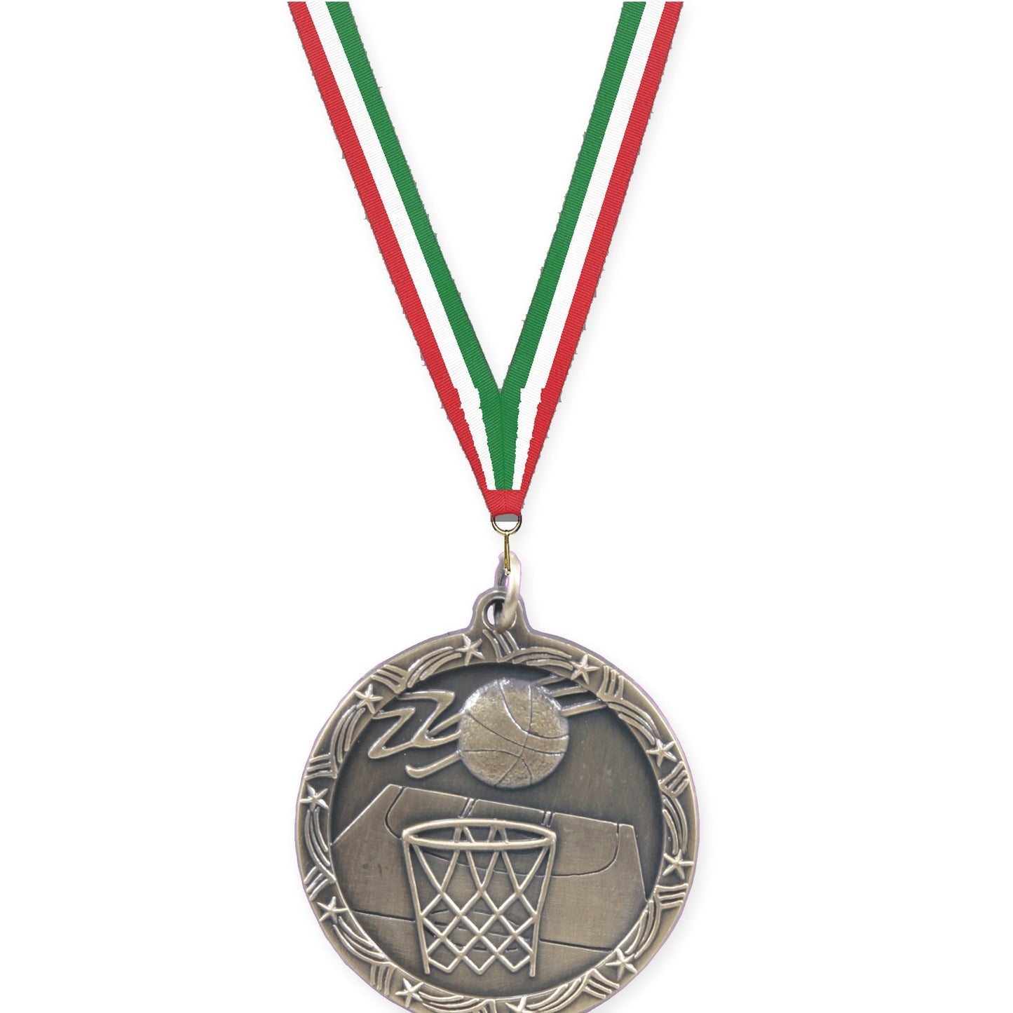 1 3/4 inch basketball Shooting Star medal in antique gold with Red White Green neck ribbon