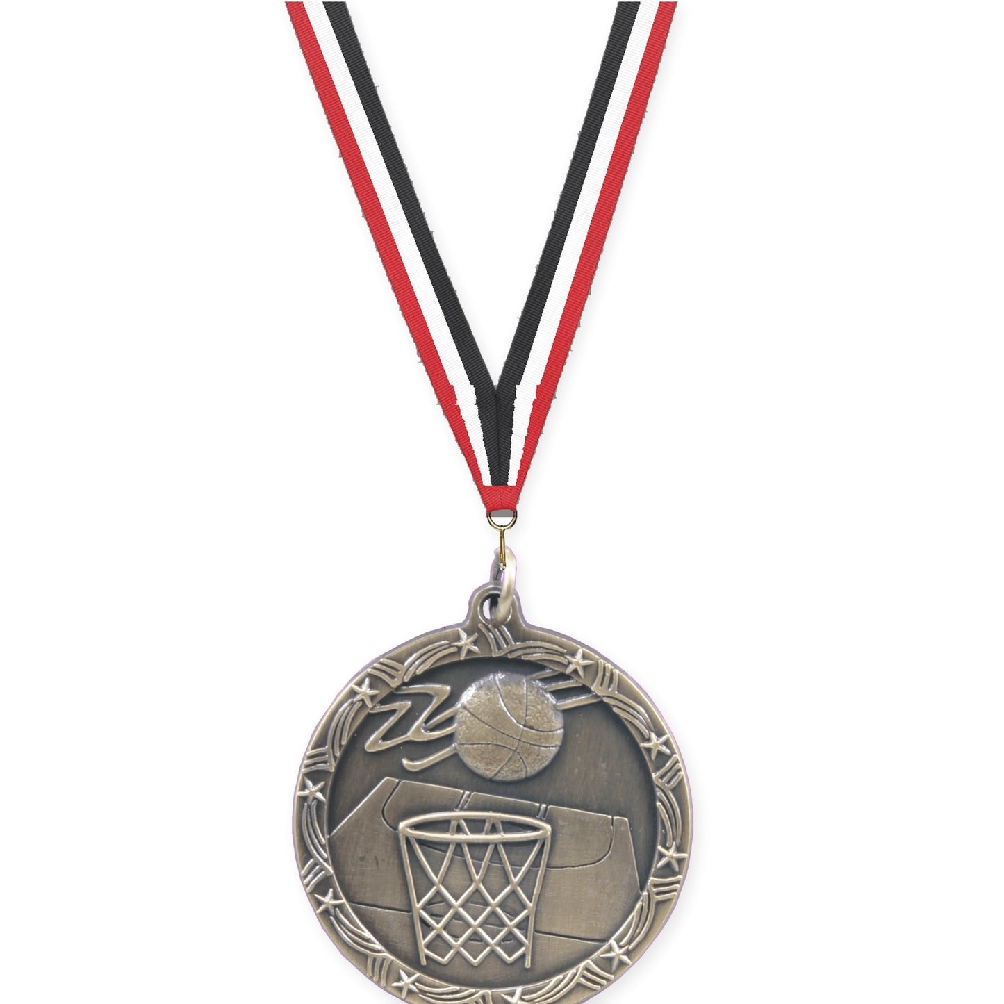 1 3/4 inch basketball Shooting Star medal in antique gold with Red White Black neck ribbon