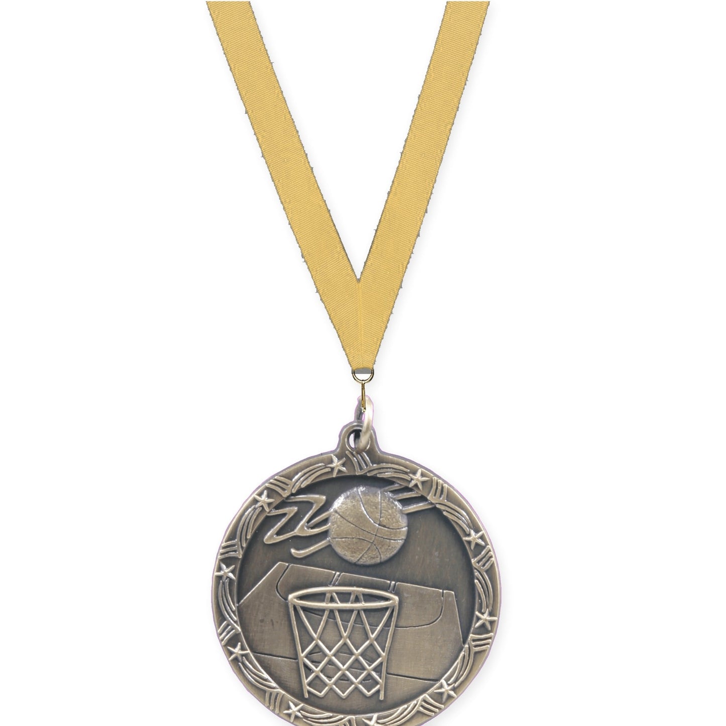 1 3/4 inch basketball Shooting Star medal in antique gold with Gold Metallic neck ribbon