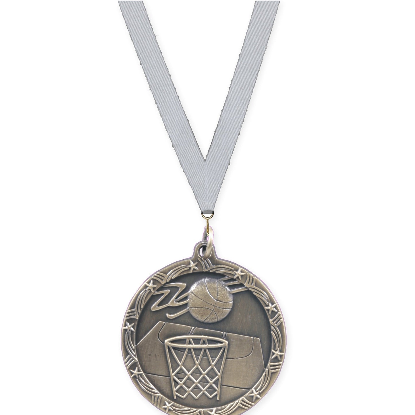 1 3/4 inch basketball Shooting Star medal in antique gold with Silver Metallic neck ribbon