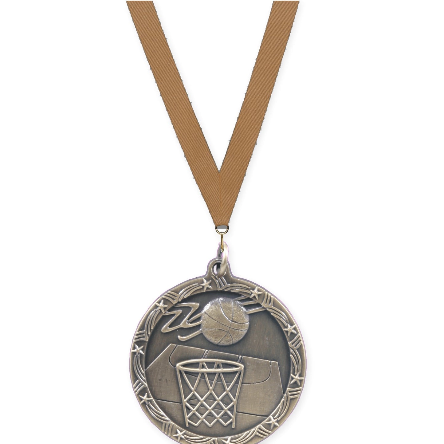 1 3/4 inch basketball Shooting Star medal in antique gold with Bronze Metallic neck ribbon
