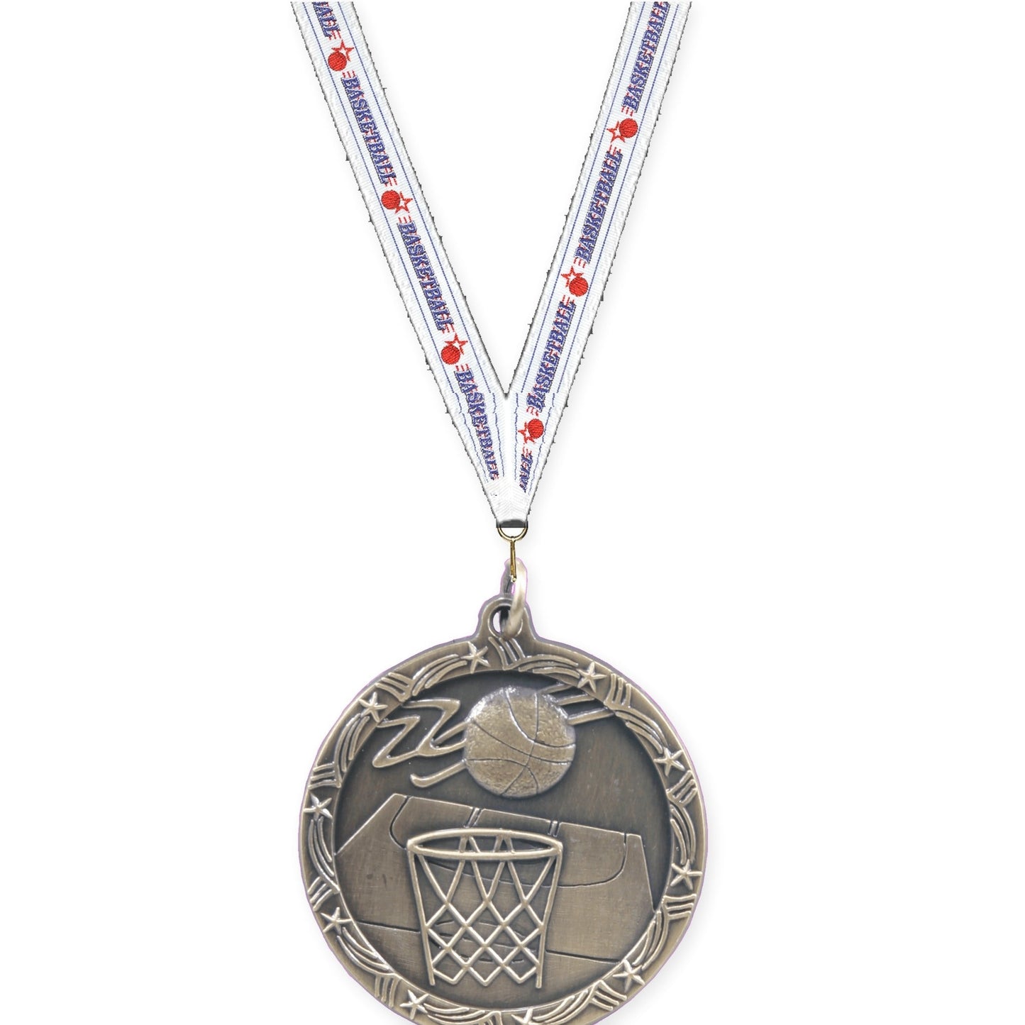 1 3/4 inch basketball Shooting Star medal in antique gold with Basketball neck ribbon