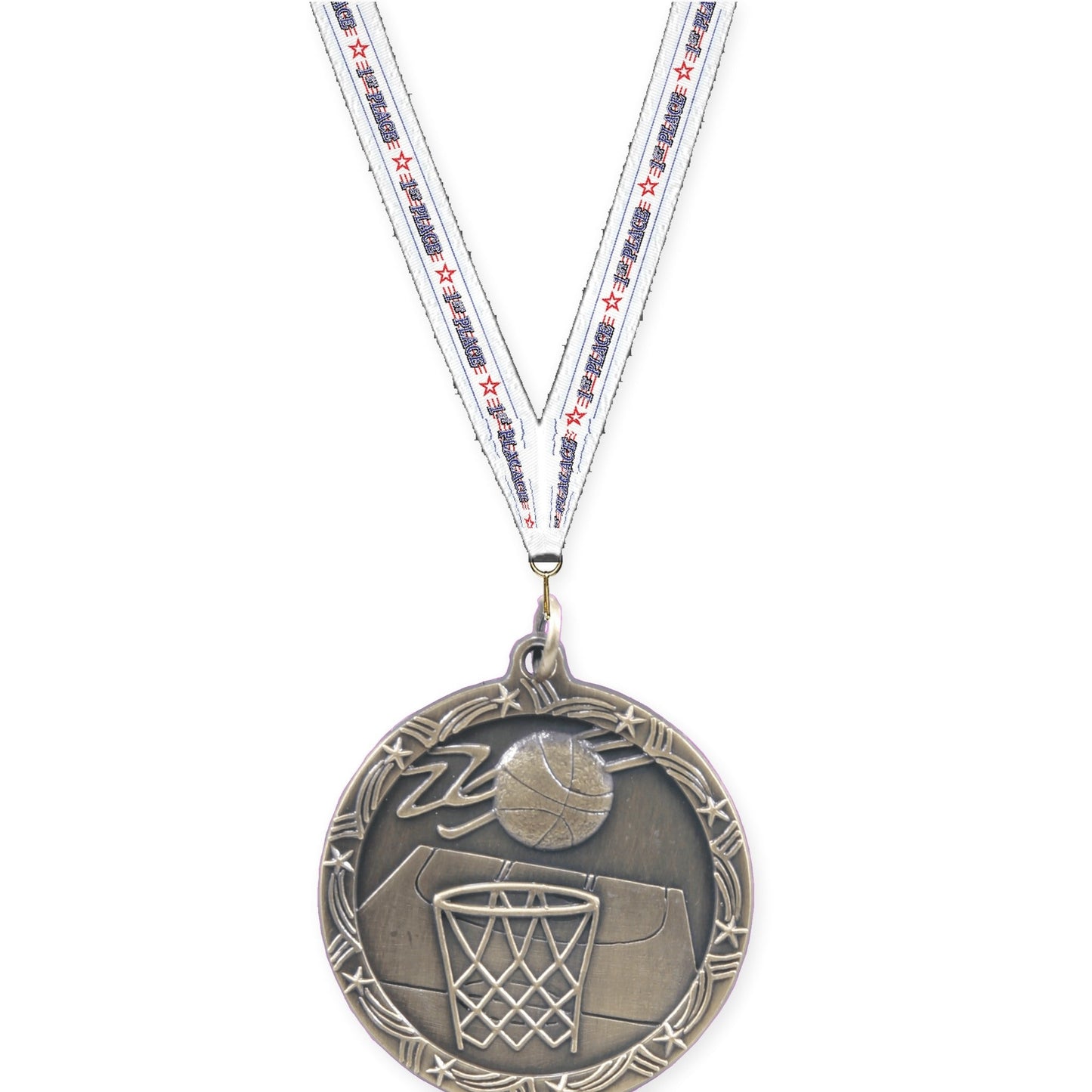 1 3/4 inch basketball Shooting Star medal in antique gold with 1st Place neck ribbon