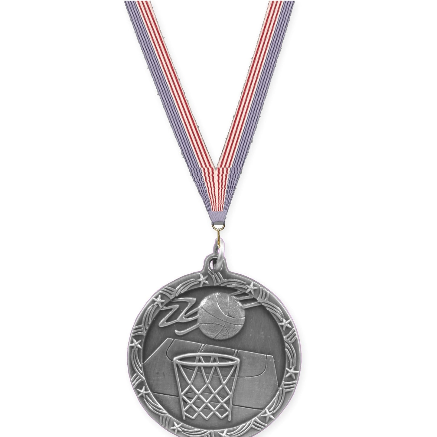 1 3/4 inch basketball Shooting Star medal in antique silver with USA Flag neck ribbon
