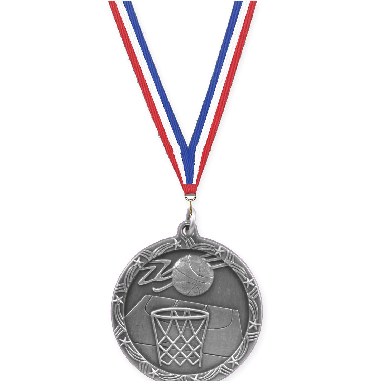 1 3/4 inch basketball Shooting Star medal in antique silver with Red White Blue neck ribbon