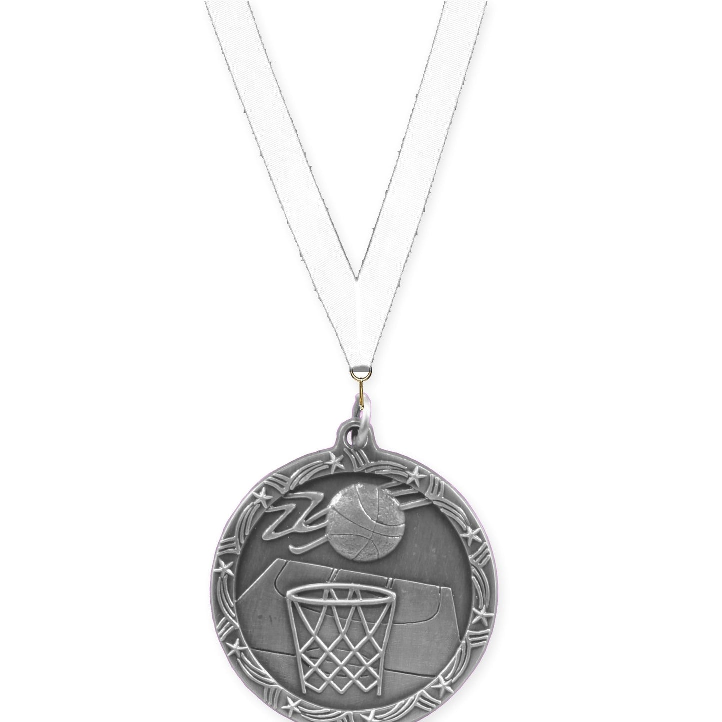 1 3/4 inch basketball Shooting Star medal in antique silver with White neck ribbon